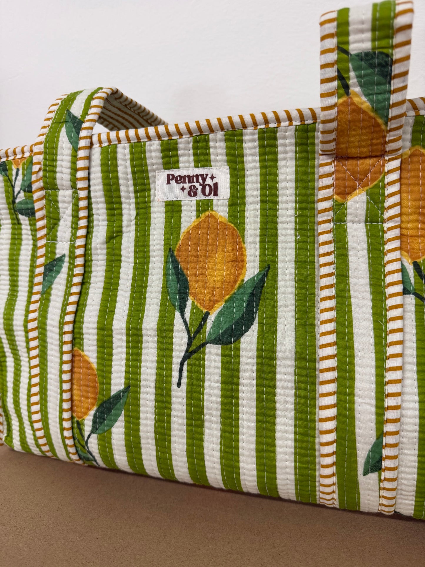 Green Stripe Lemons collection, tote bags. Cotton tote bags all sizes