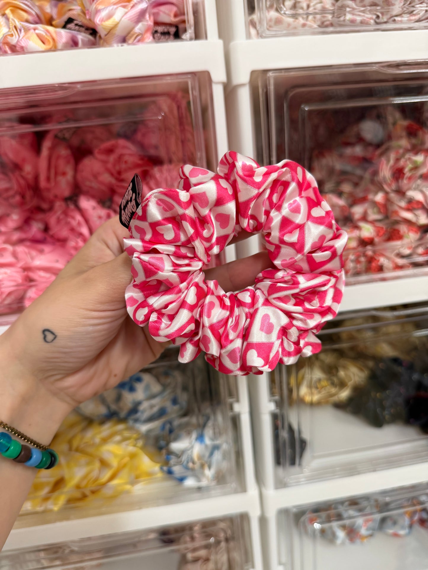 Pink heart diamonds MIDI Satin Hair Scrunchie