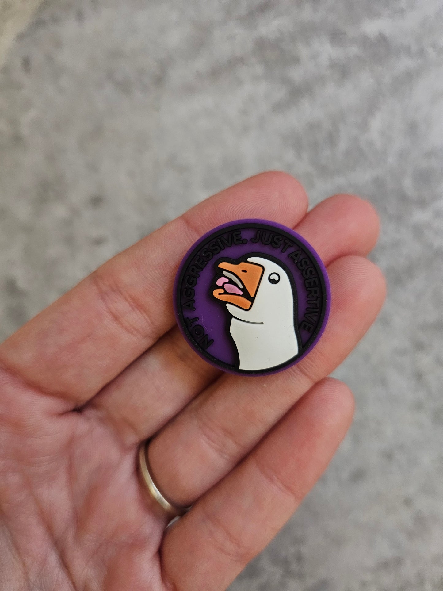Not aggressive just assertive, goose purple circle, shoe charm