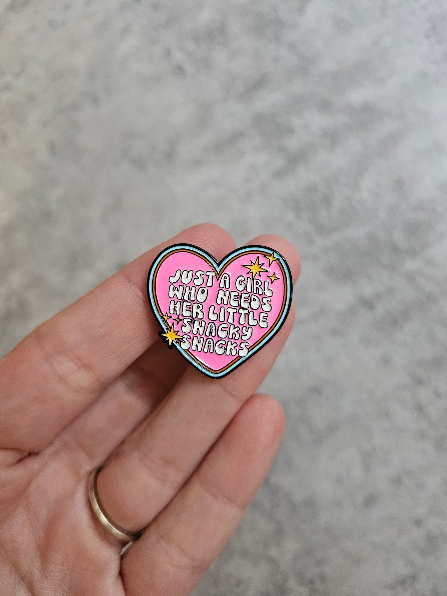 Just a girl who needs her snacks snacks Pin Badge, girly, food gifts, funny gift idea