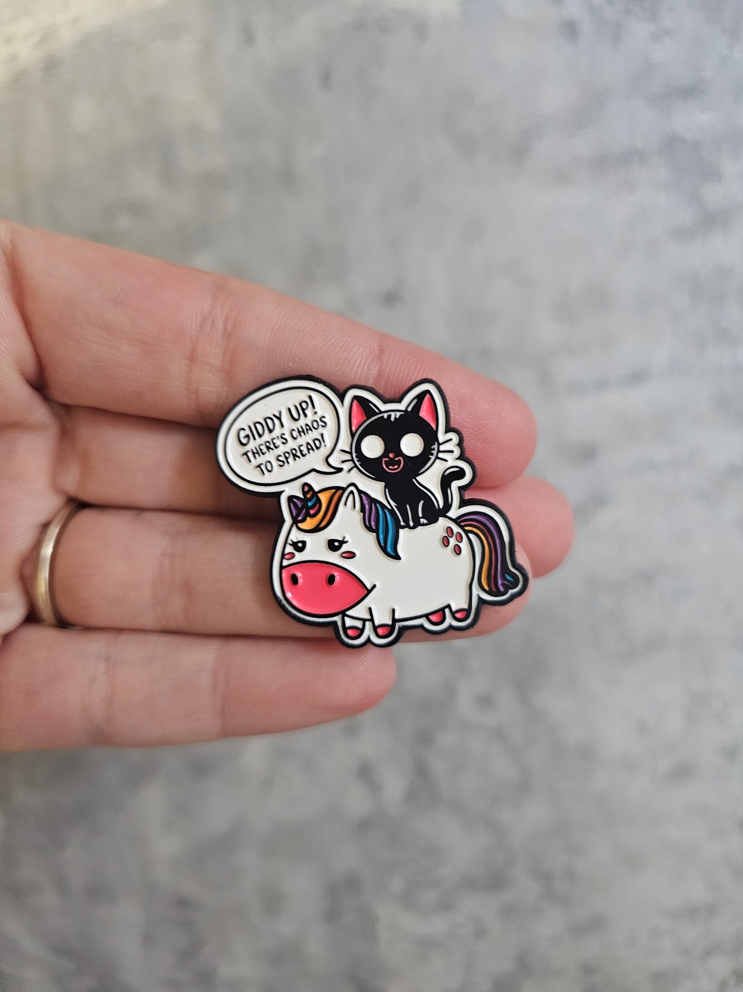 Giddy up there's chaos to cause unicorn Pin Badge, gift idea