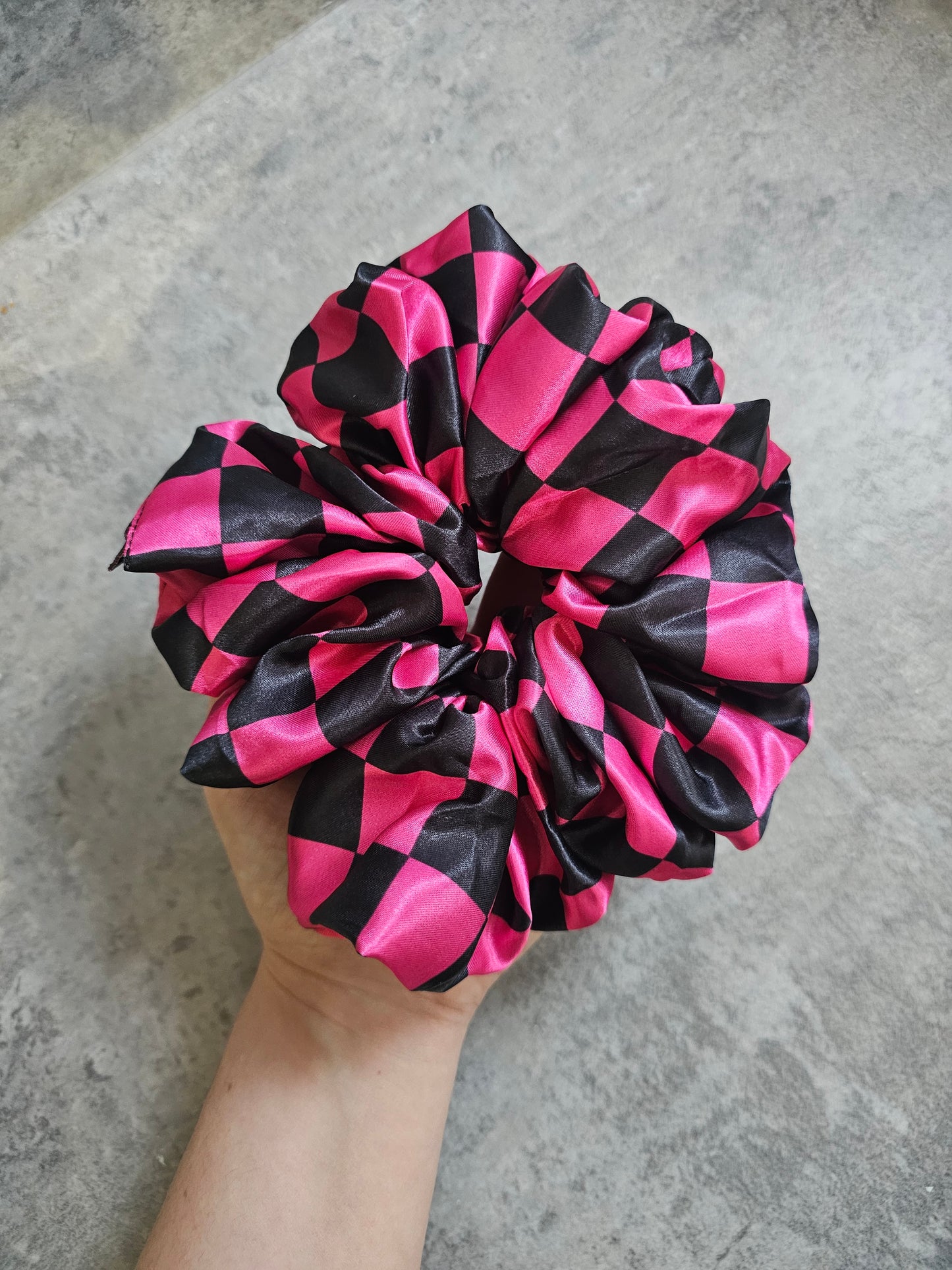 Pink and black checkerboard XL Satin Hair Scrunchie