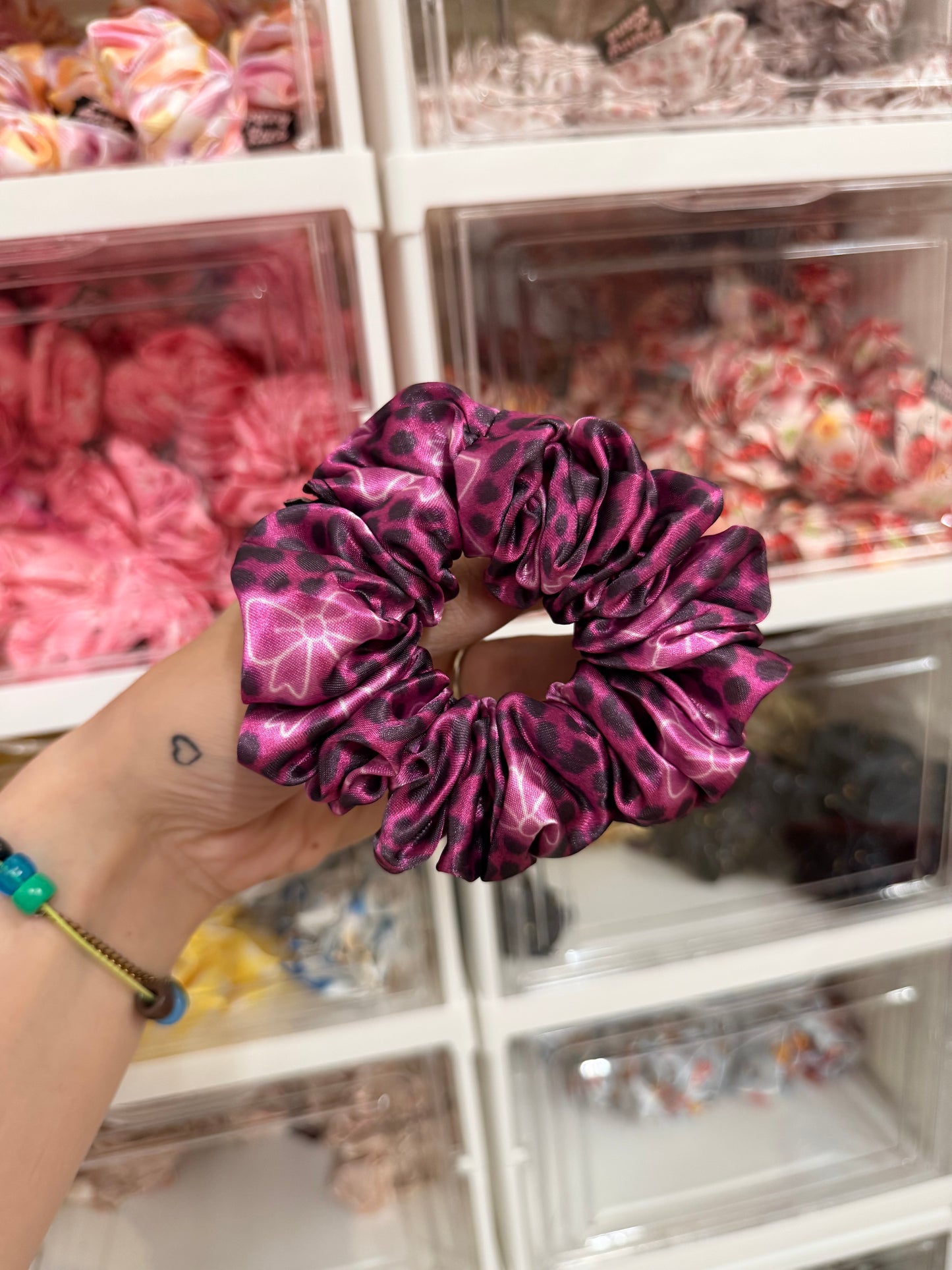 Pink leopard neon bows MIDI Satin Hair Scrunchie