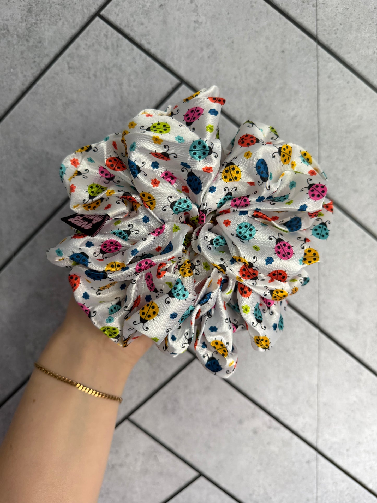 Rainbow Ladybirds XL Satin Hair Scrunchie