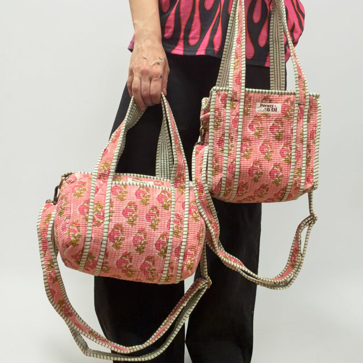 Pink Floral Blockprint Mini Duffle Tote Bags - Penny & Ol