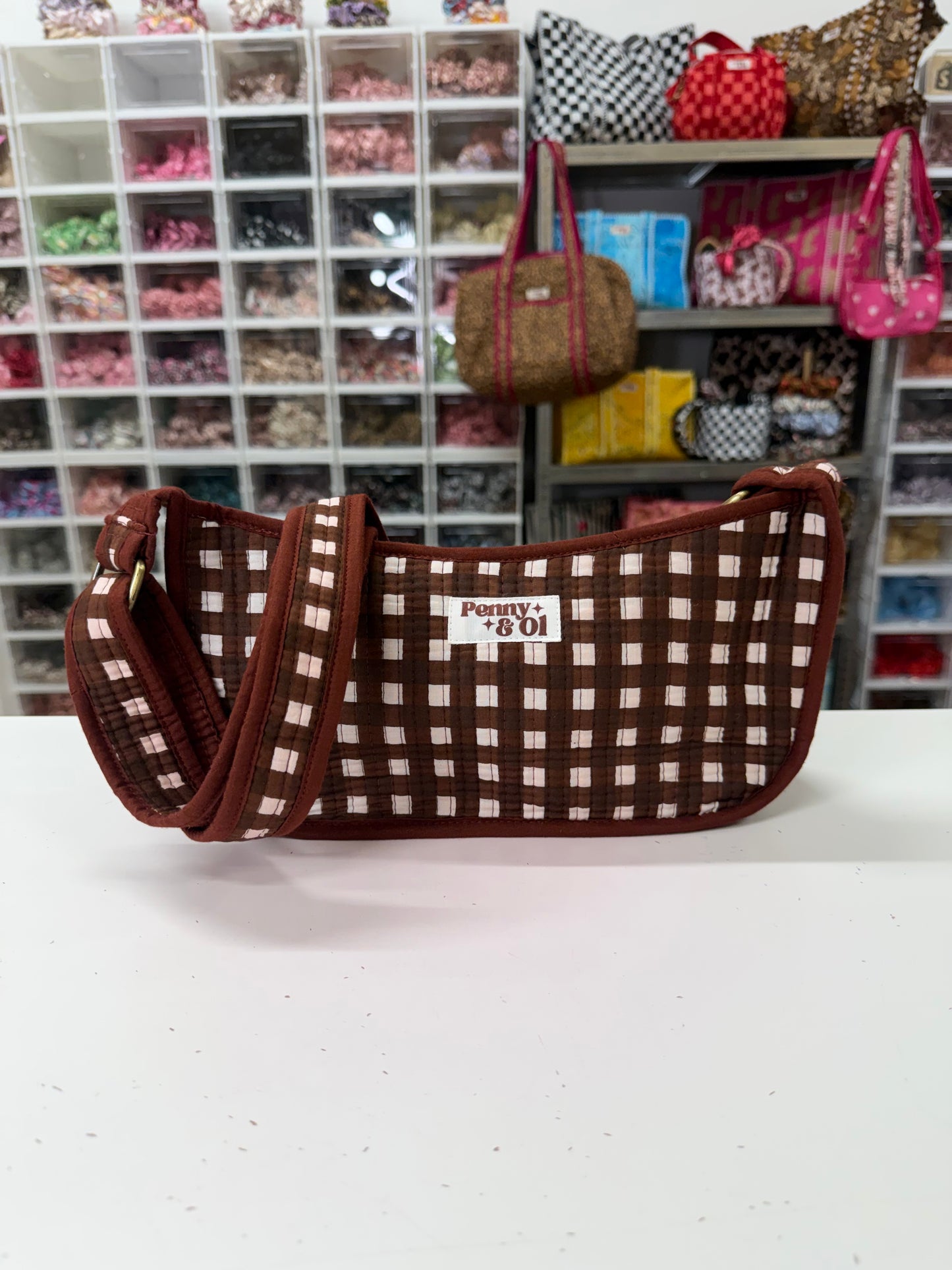 Chocolate Gingham Mini SHOULDER bag, cross body bag.