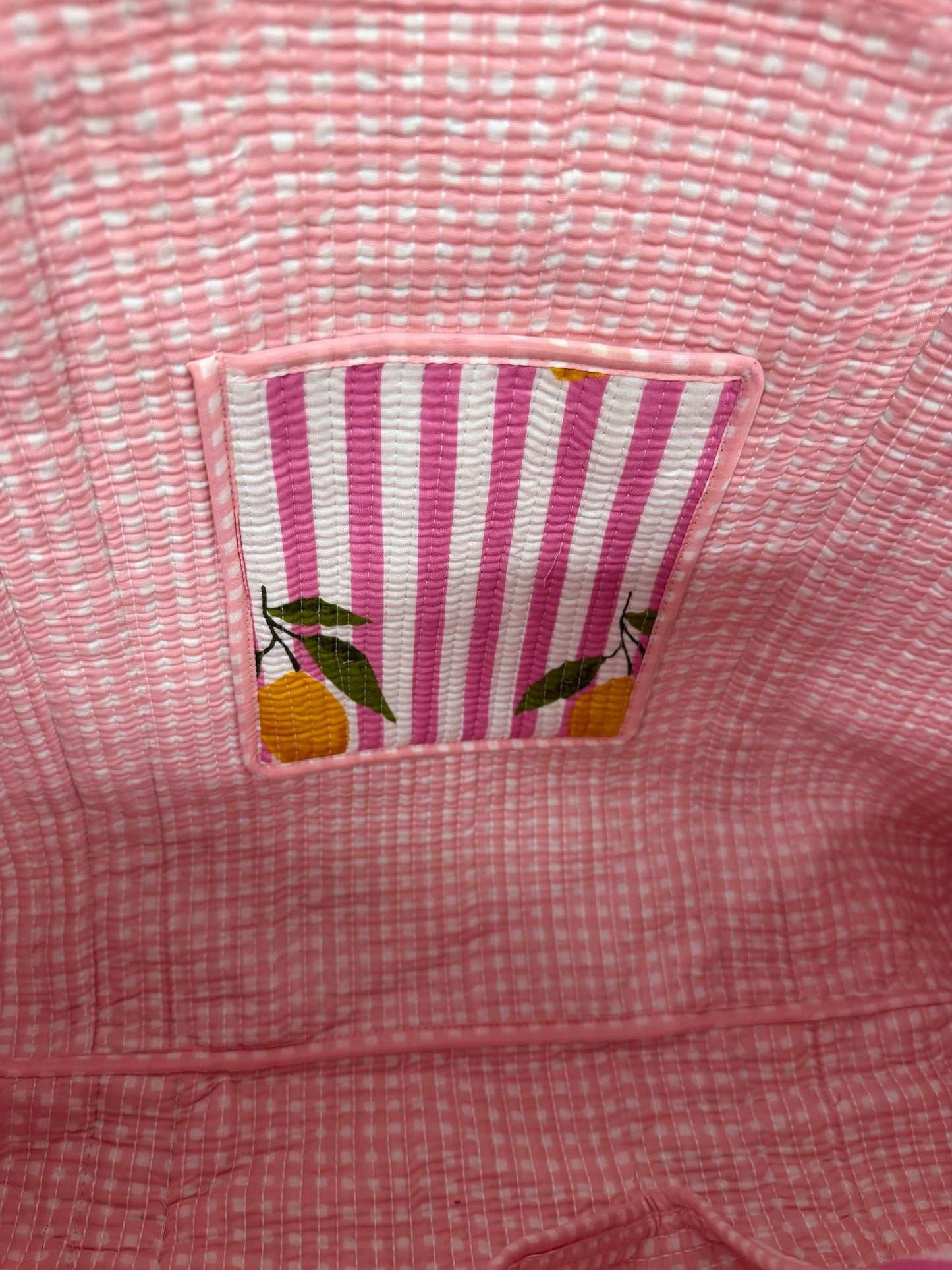 Pink stripe lemon gingham REVERSIBLE Large Cotton Tote Bag, handmade tote bags