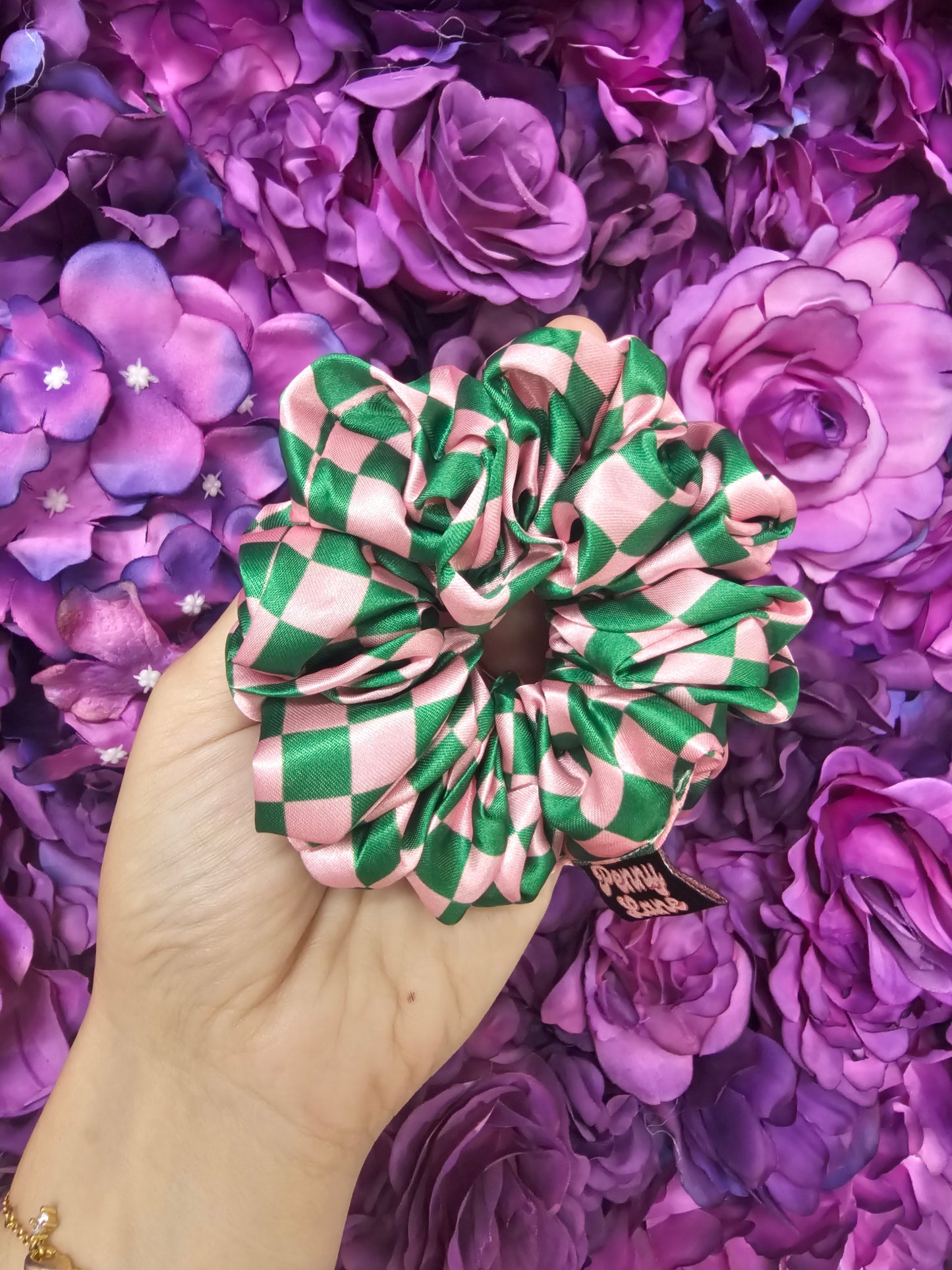 Pink And Green Checkered Midi Scrunchie