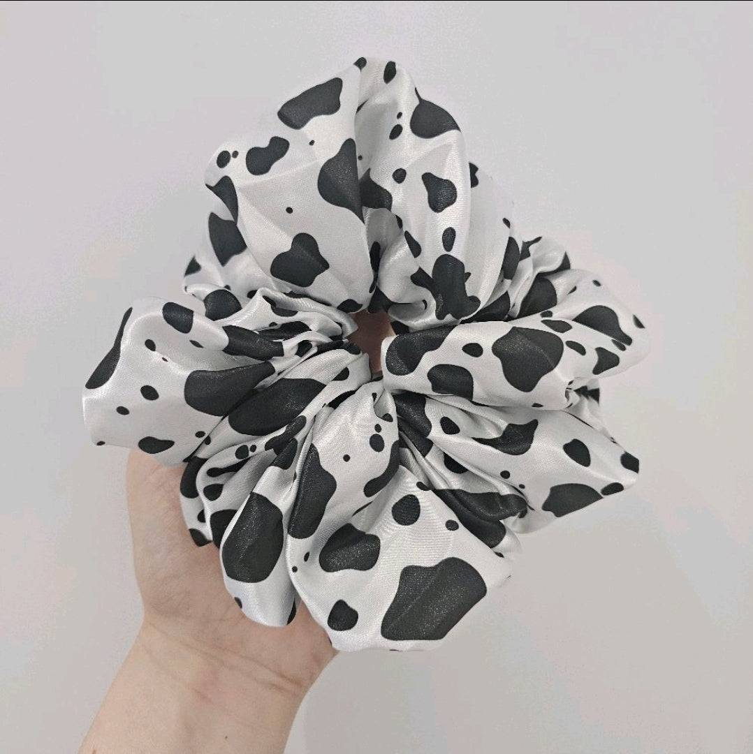 Black Cow Print XL Satin Hair Scrunchie.