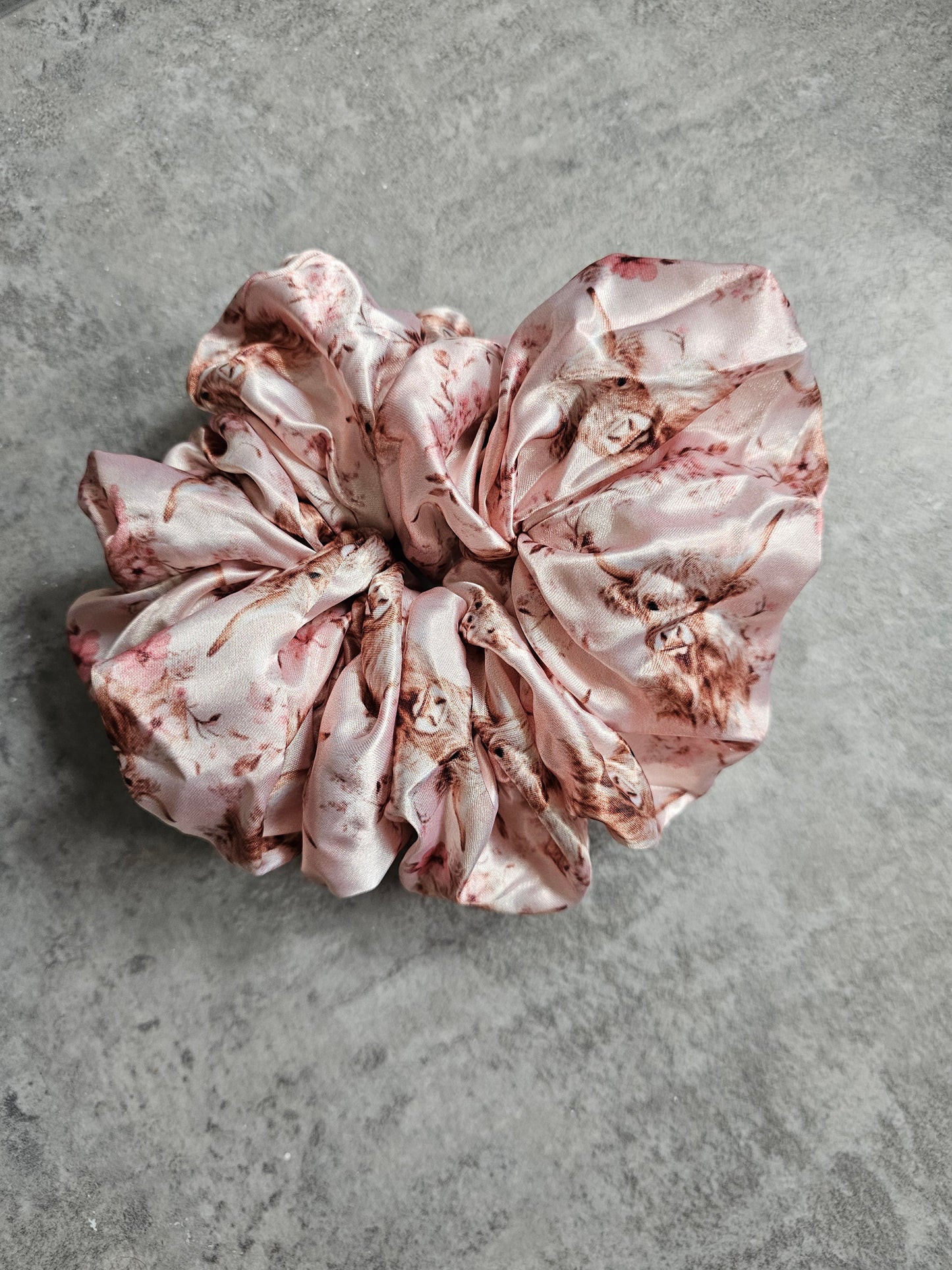 Pink Highland Cow XL Satin Hair Scrunchie.