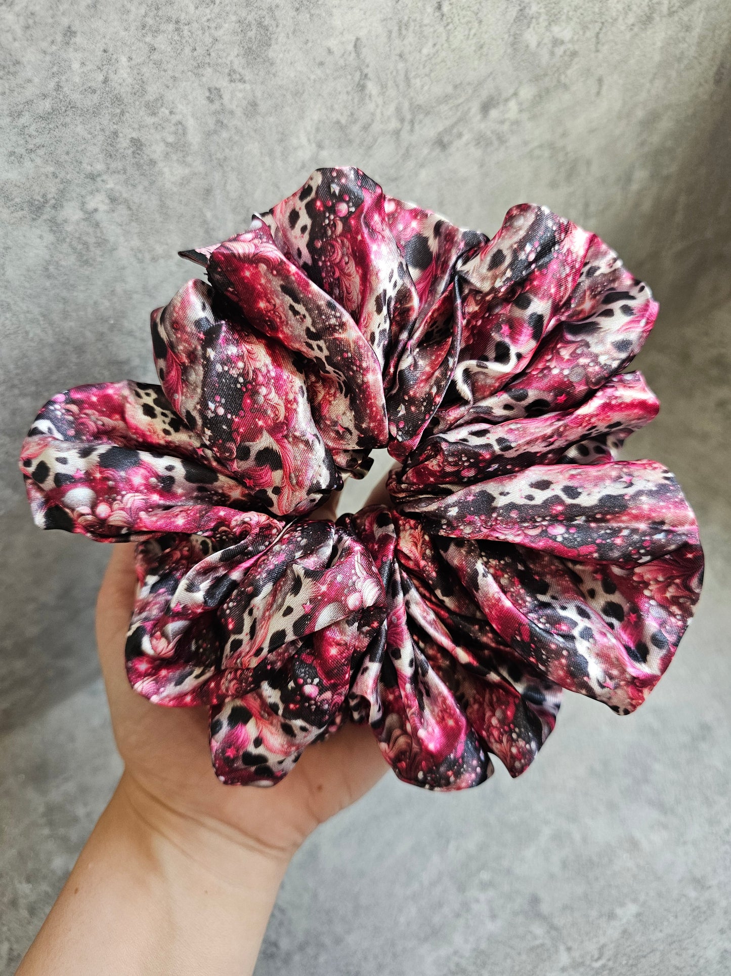 Pink Sparkle Cow Print XL Satin Hair Scrunchie