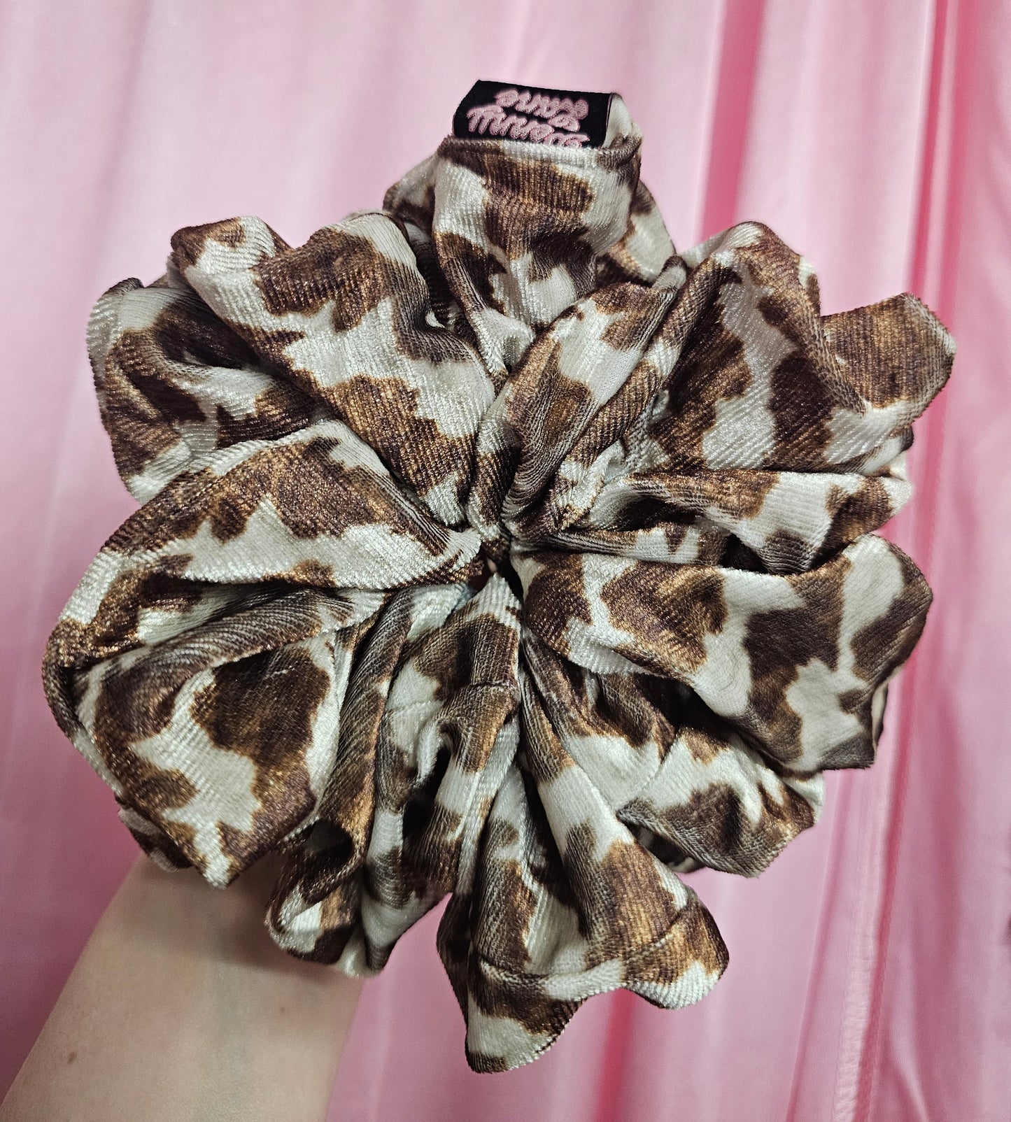 Brown Cow Print Print Velvet XL Hair Scrunchie. Headband