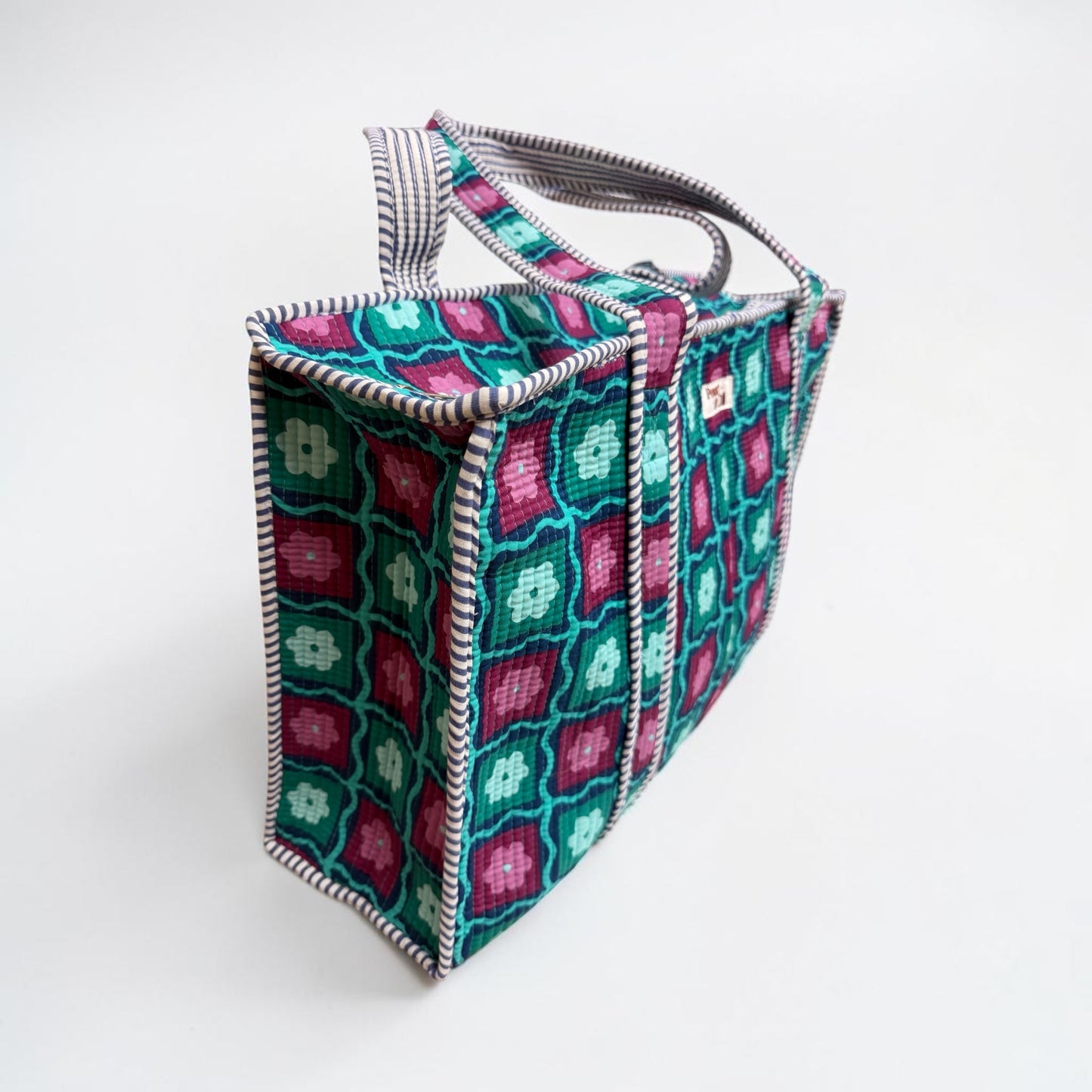 Green floral blocks LARGE Cotton Tote Bag