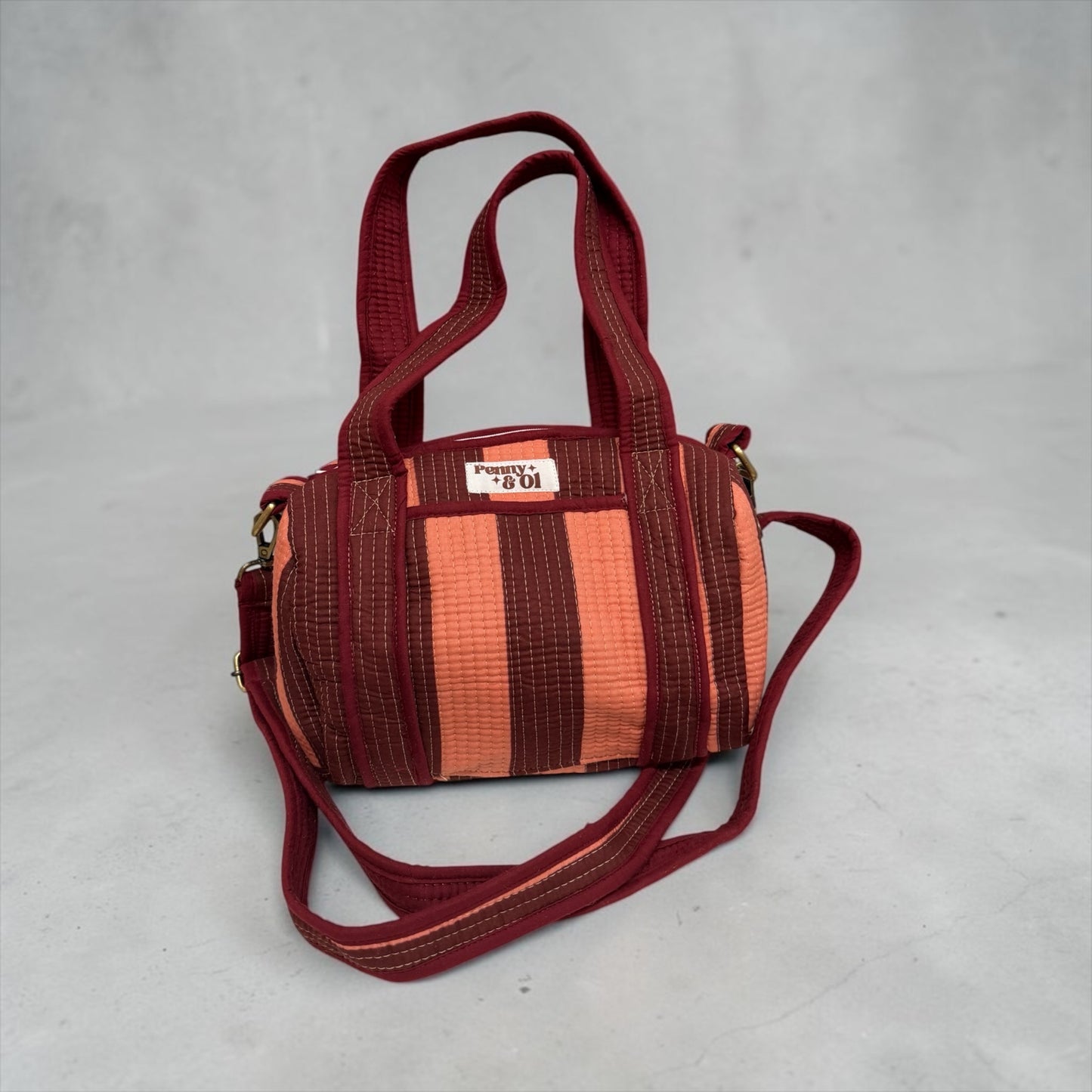 Burgundy and peach stripes MINI DUFFLE Tote Bags - Penny & Ol