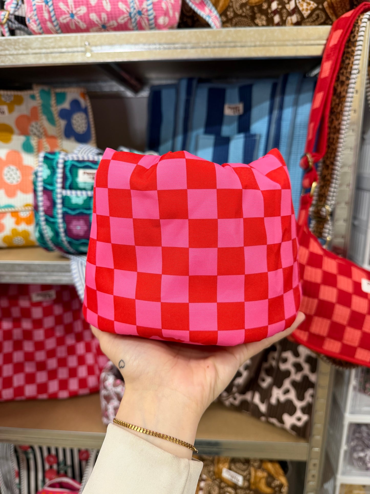 Pink & Red Checkerboard Padded Fabric Organisers, beauty basket.