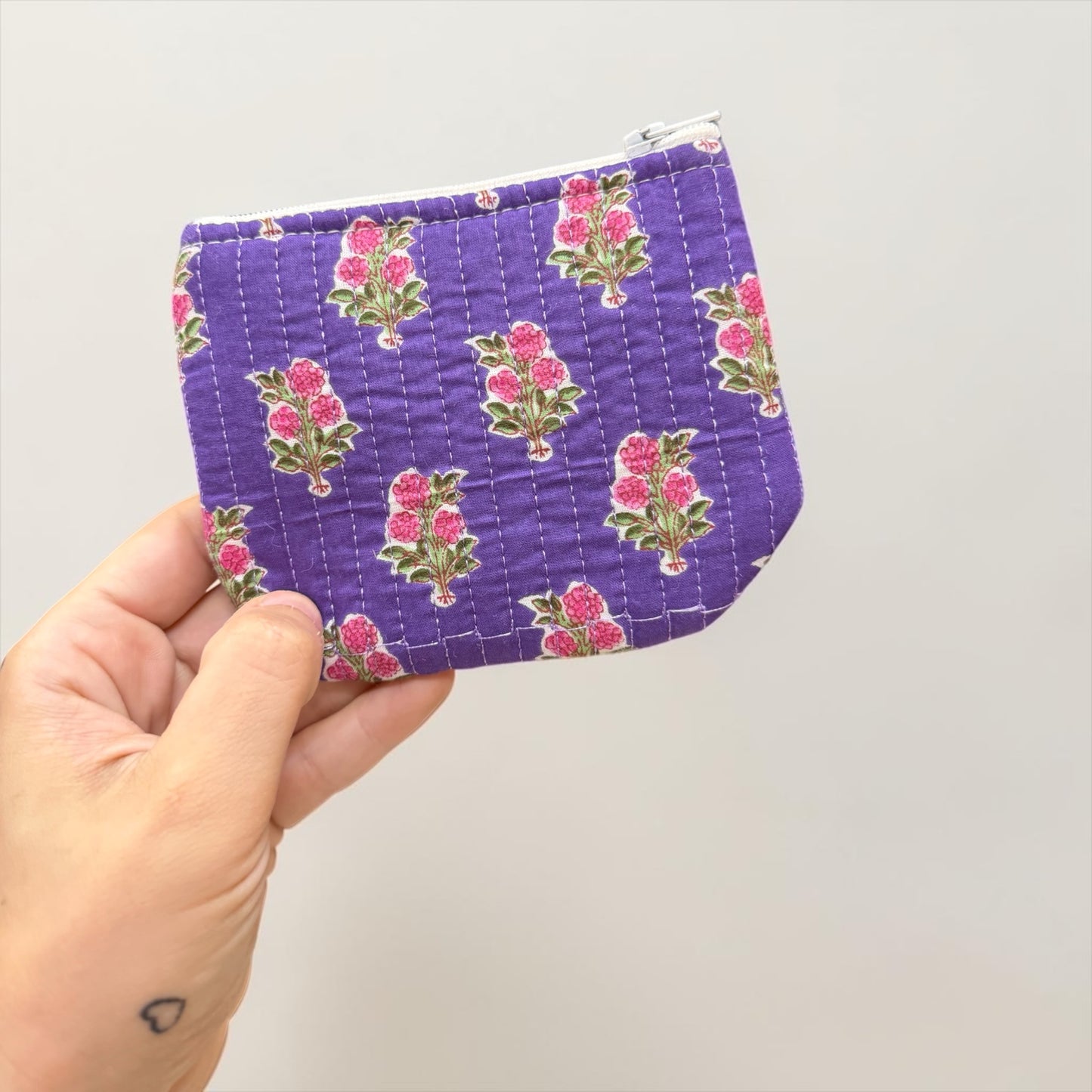 Purple Floral Blockprint Mini Zip Purse - Penny & Ol
