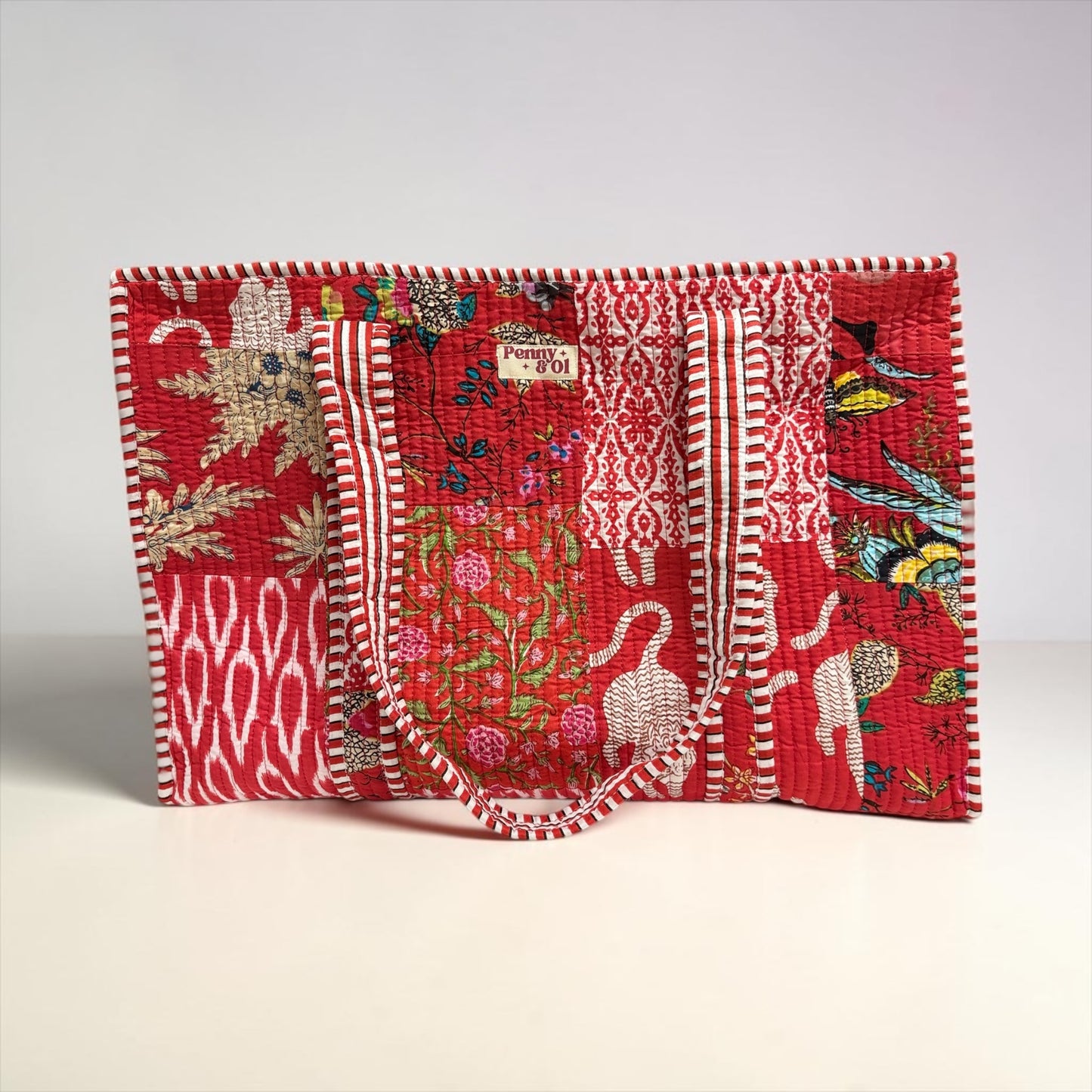 Red Patchwork LARGE Cotton Tote Bag