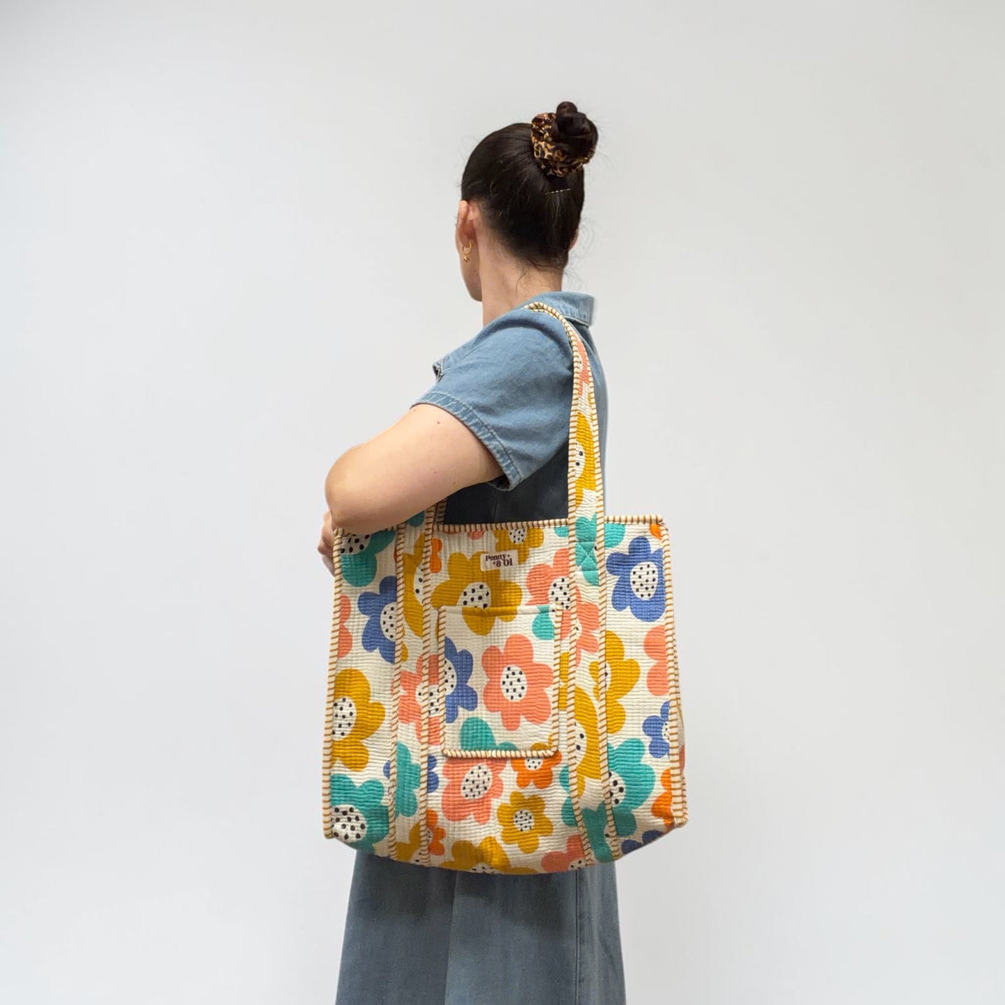 White Daisys Travel Tote, Handmade Cotton Tote Bag