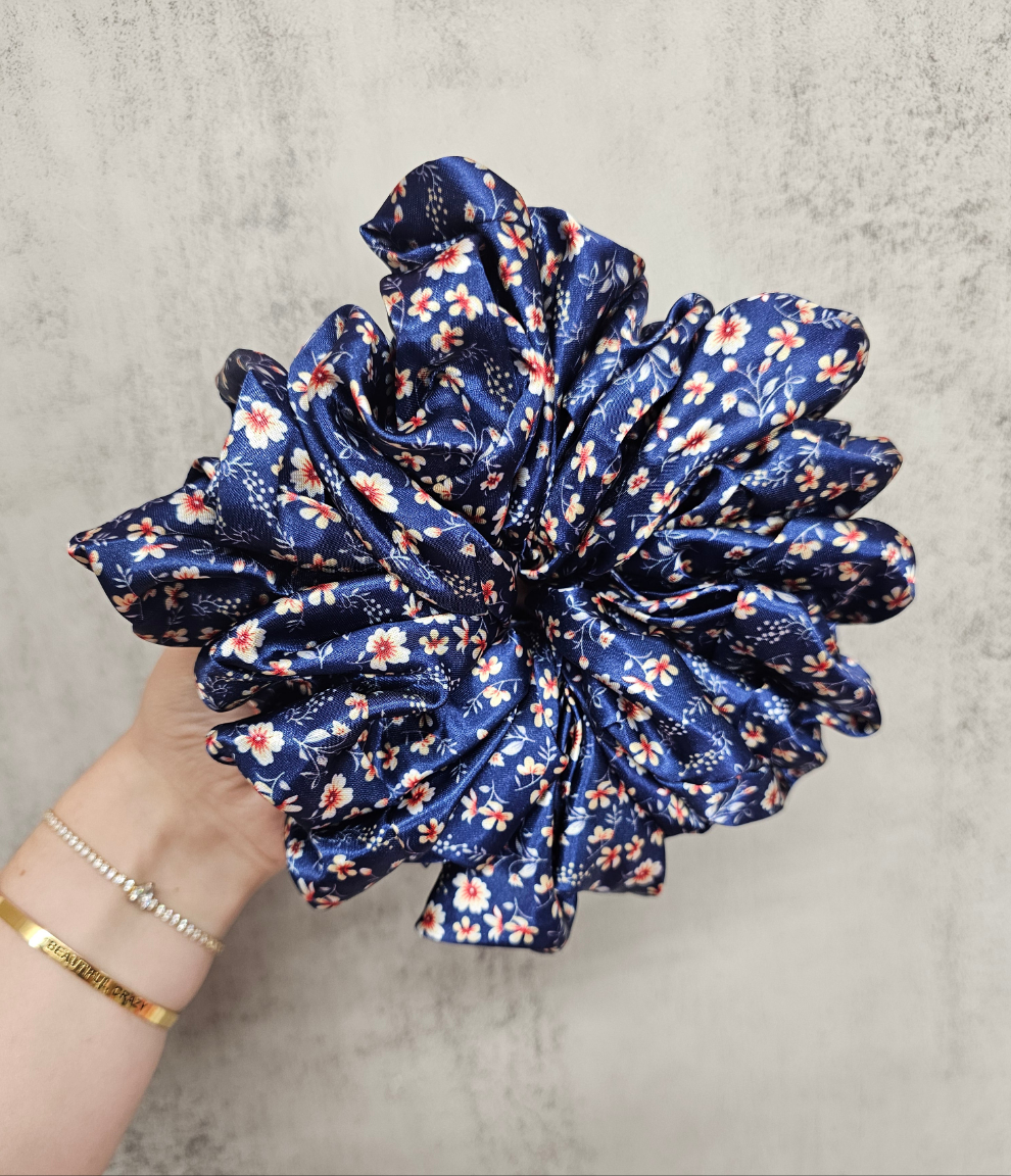 Navy floral JUMBO hair scrunchies.