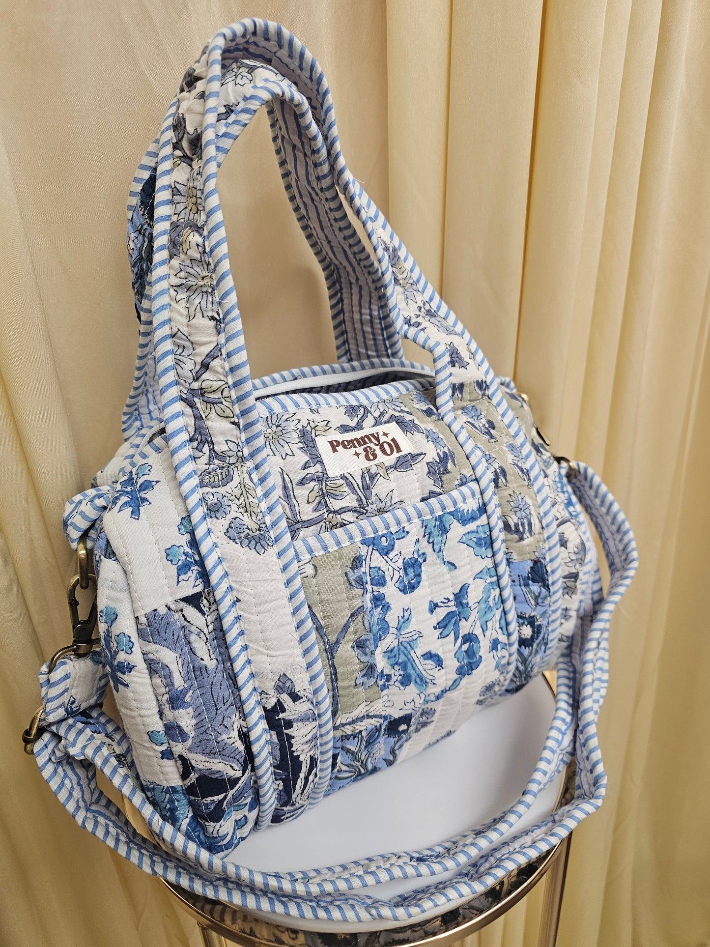 Blue Patchwork Collection tote bags. Cotton tote bags all sizes.