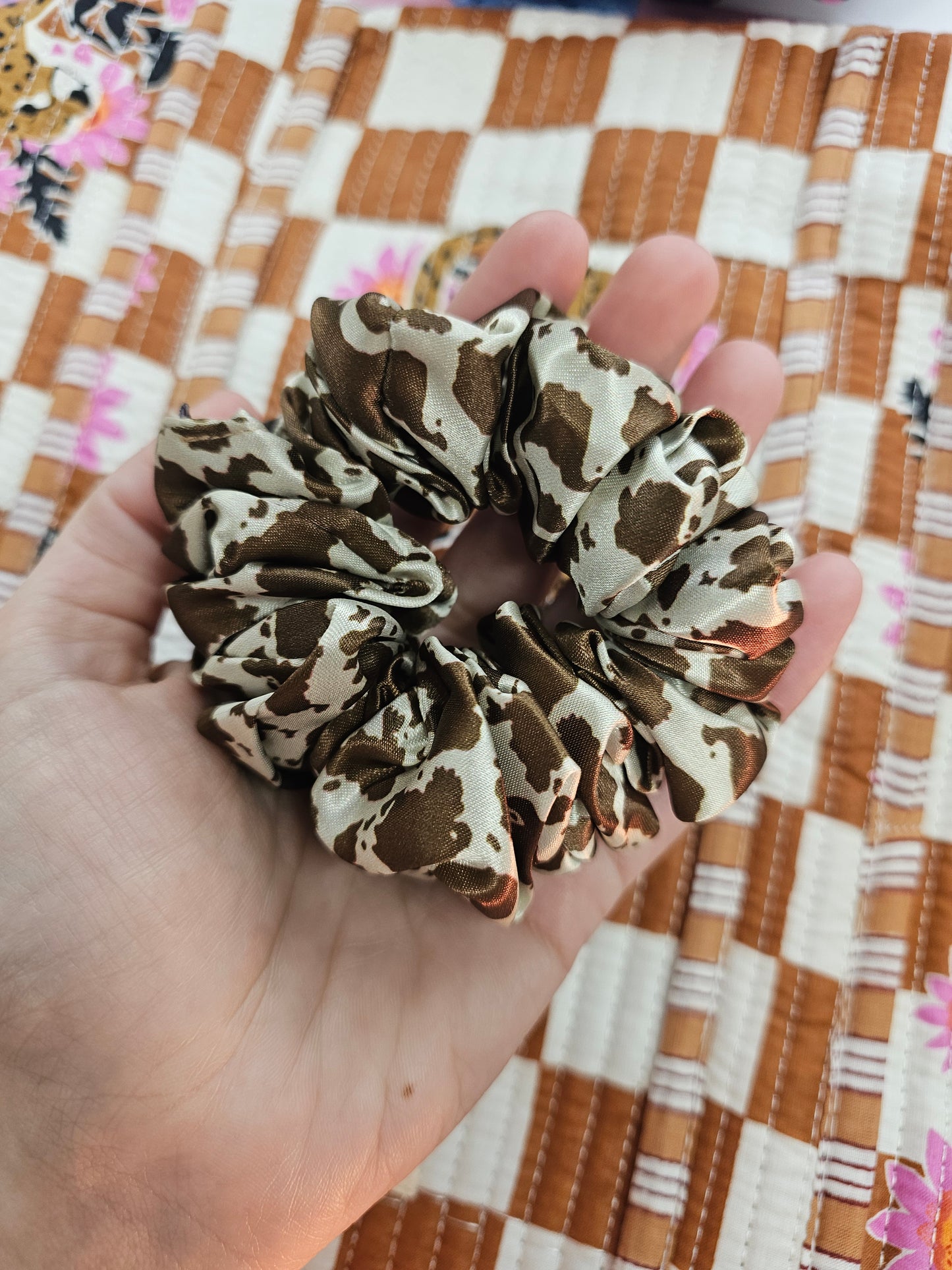 Brown Cow Print midi Satin Hair Scrunchie.