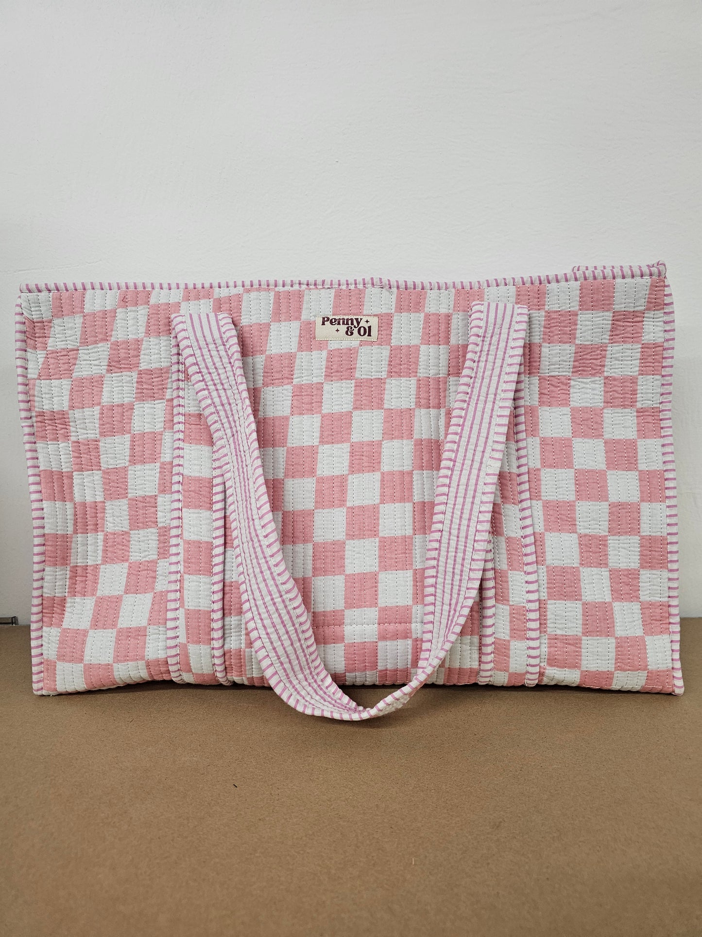 Pink & White Checkerboard Collection. Cotton, handmade tote bags