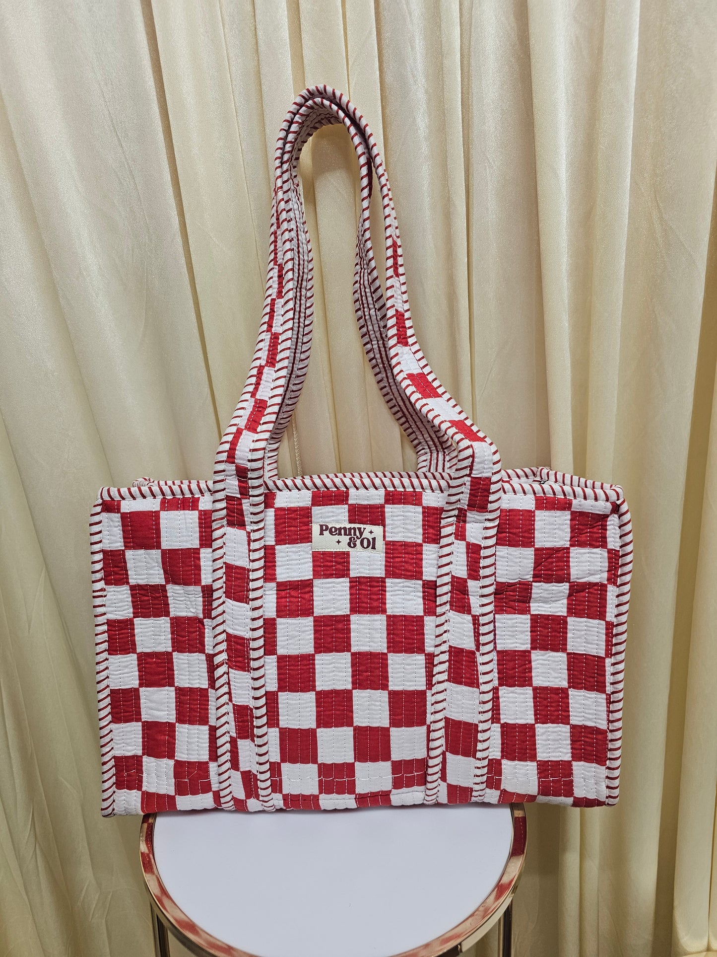 Red & White Checkerboard Medium Tote Bag, 100% cotton handmade tote.