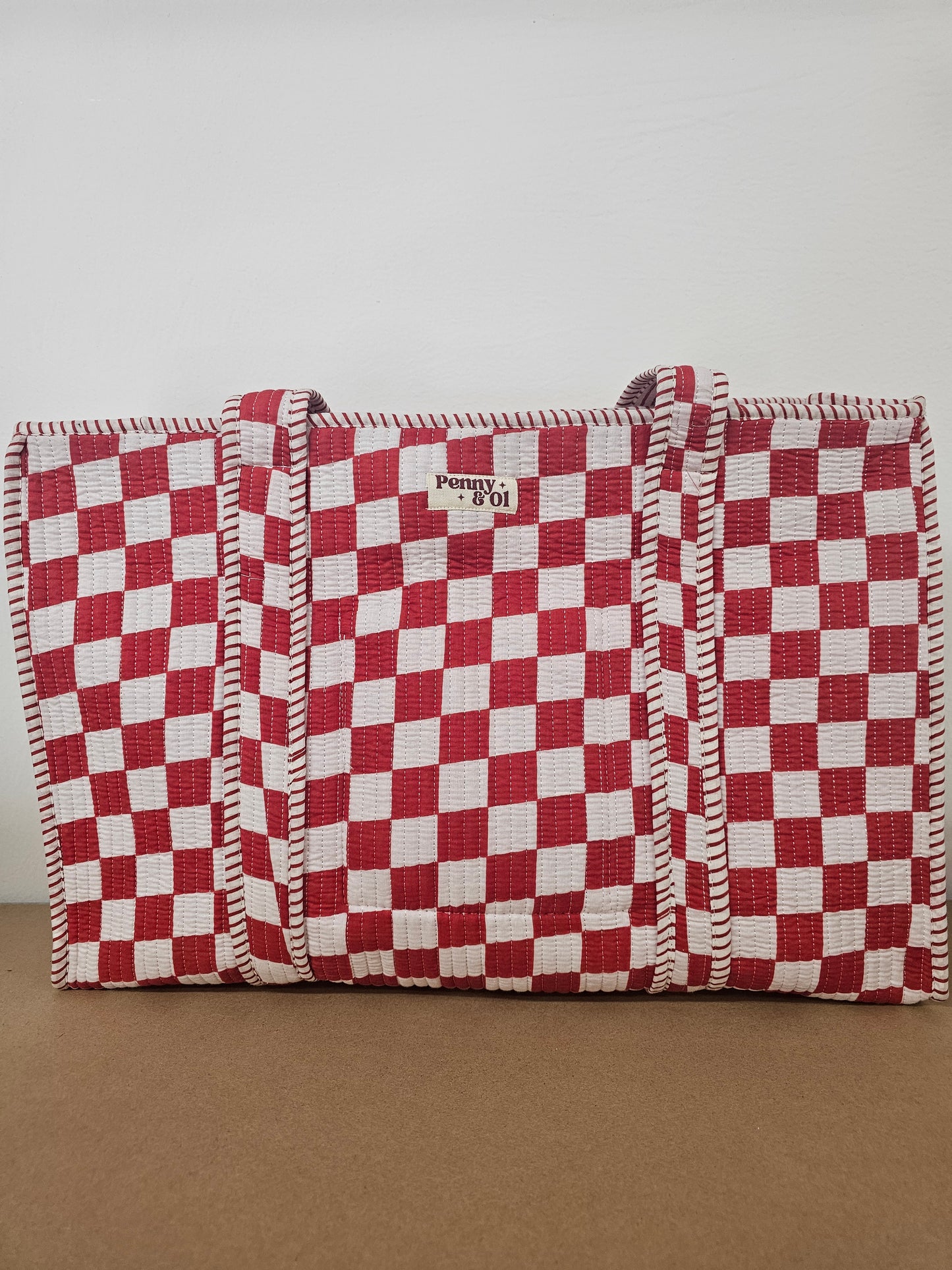 Red Checkerboard Collection tote bags. Cotton tote bags all sizes