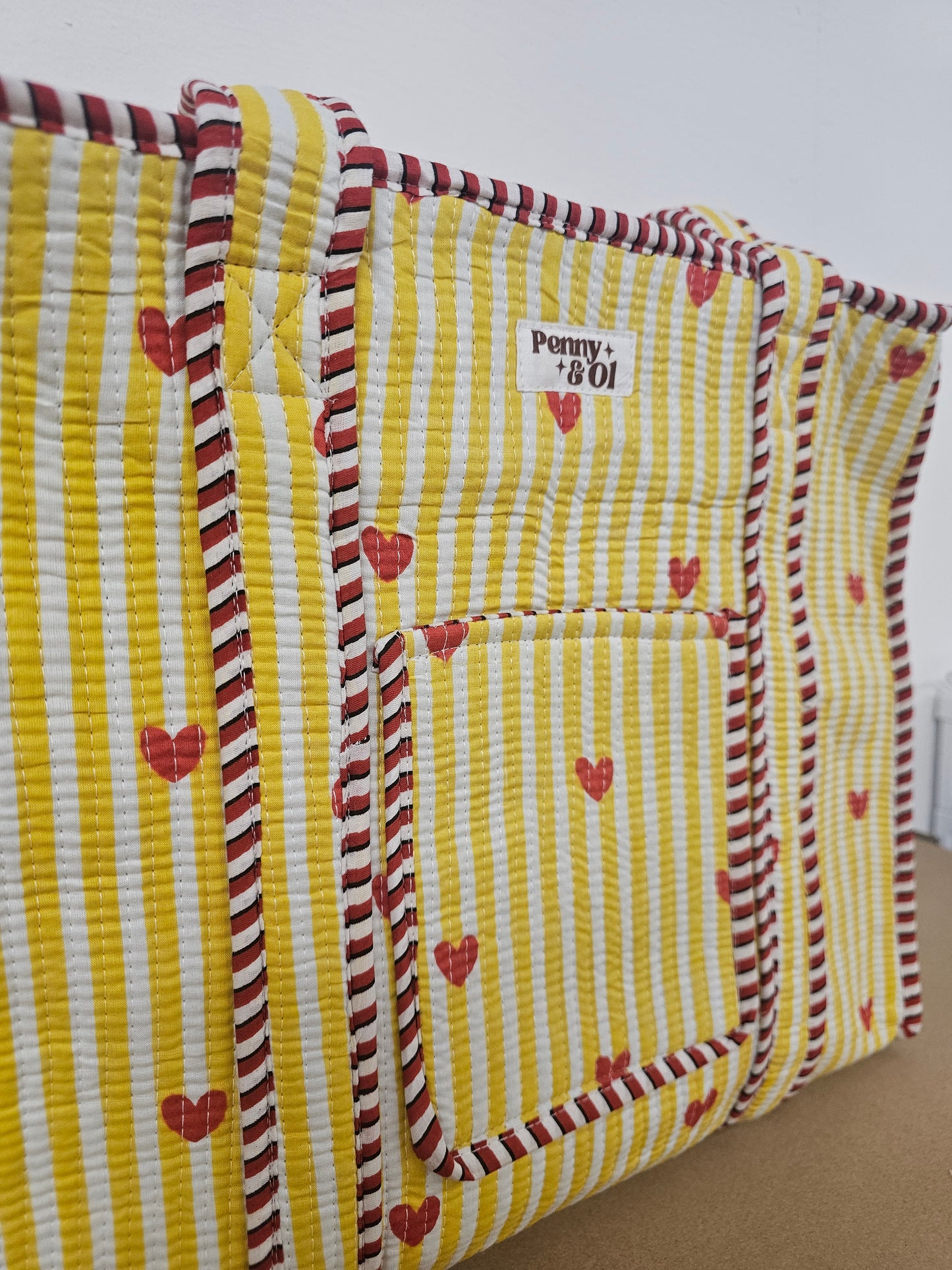 Yellow Striped Hearts Travel Tote Bag, Cotton tote bags.