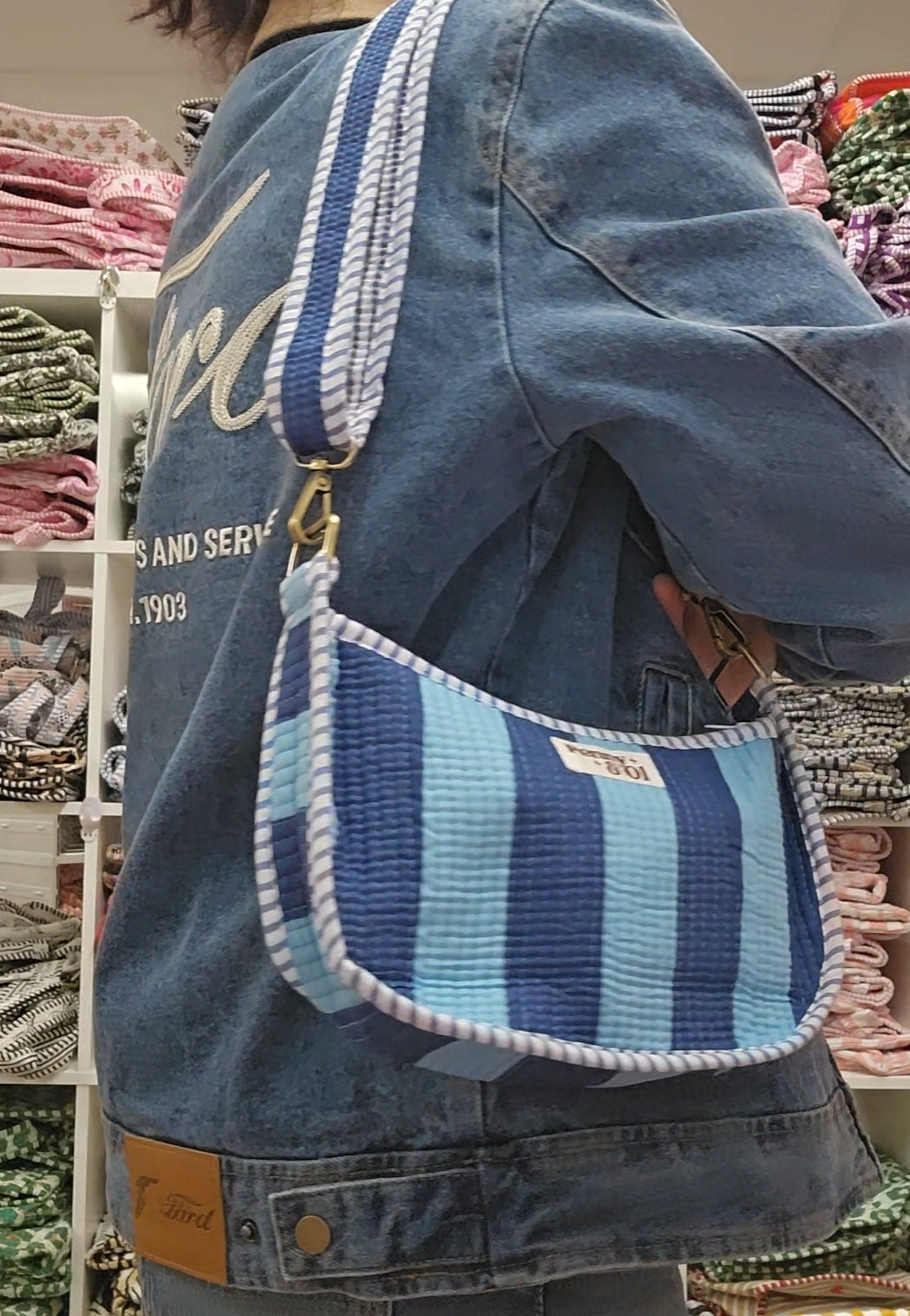 Blue stripes Mini shoulder tote bag, cross body bag.