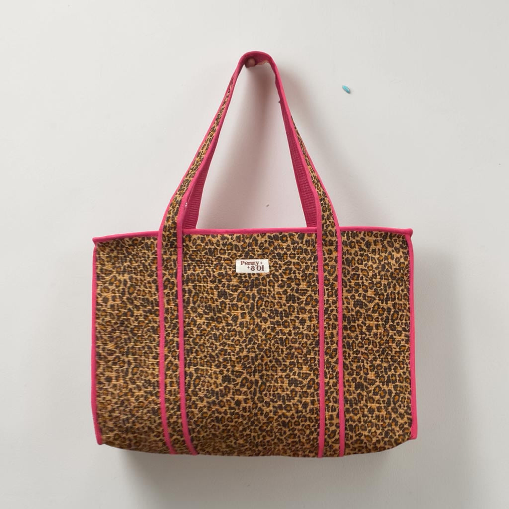 Pink Leopard Print Large Cotton Tote Bag, handmade tote bags