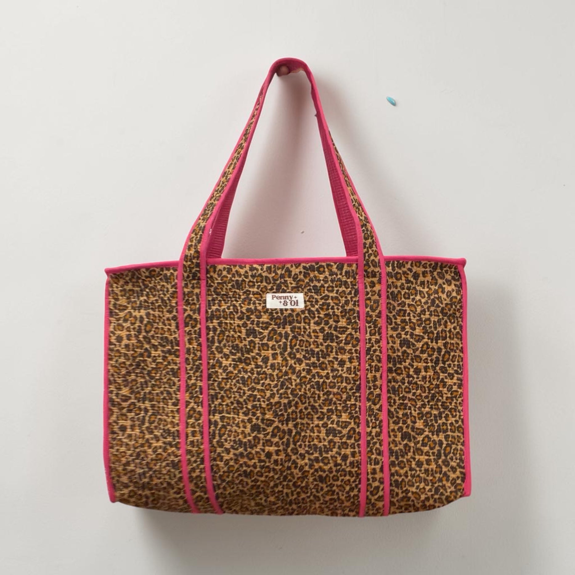 Pink Leopard Print Large Cotton Tote Bag, handmade tote bags
