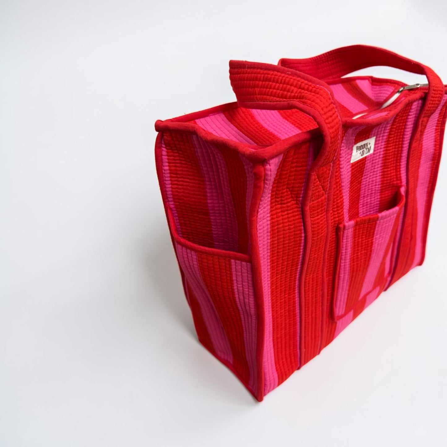 Pink & Red Stripe Travel Tote, Handmade Cotton Tote Bag