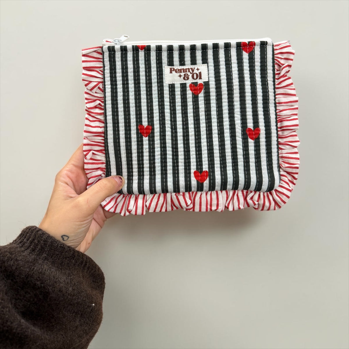 Black Stripe Hearts Ruffle Pouch
