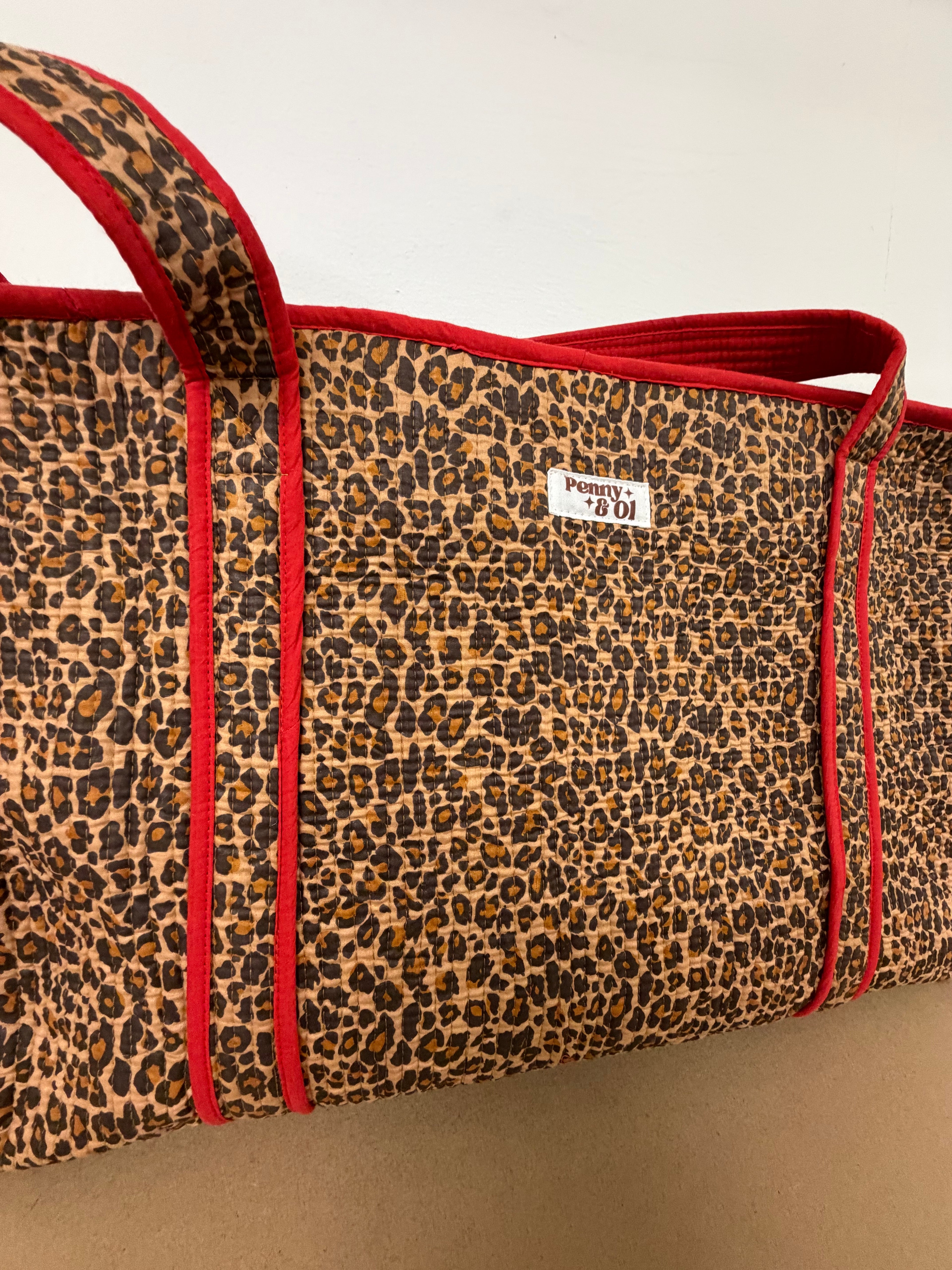 Red Leopard Print Large Cotton Tote Bag, handmade tote bags