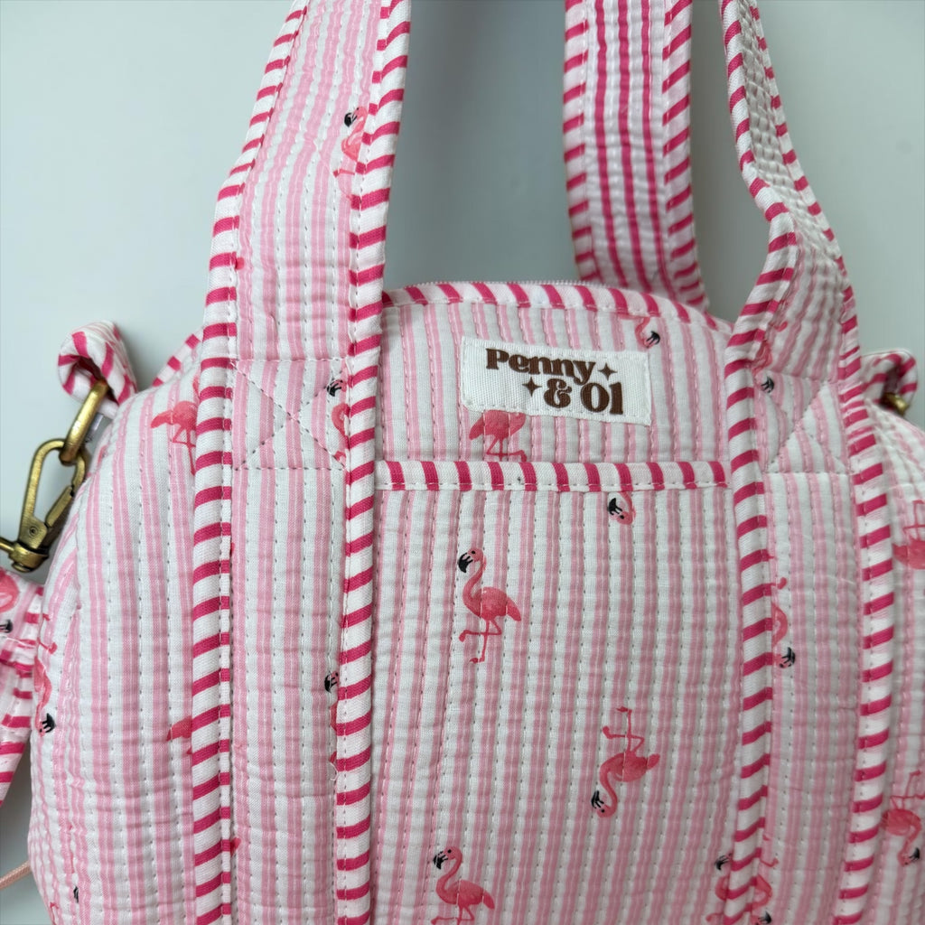 Pink Stripe Flamingos Mini Duffle Tote Bags - Penny & Ol
