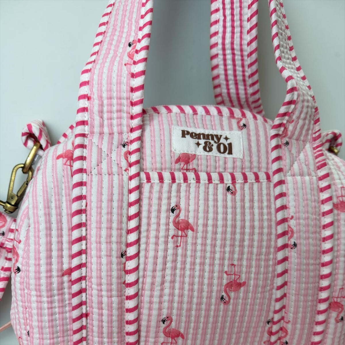 Pink Stripe Flamingos Mini Duffle Tote Bags - Penny & Ol