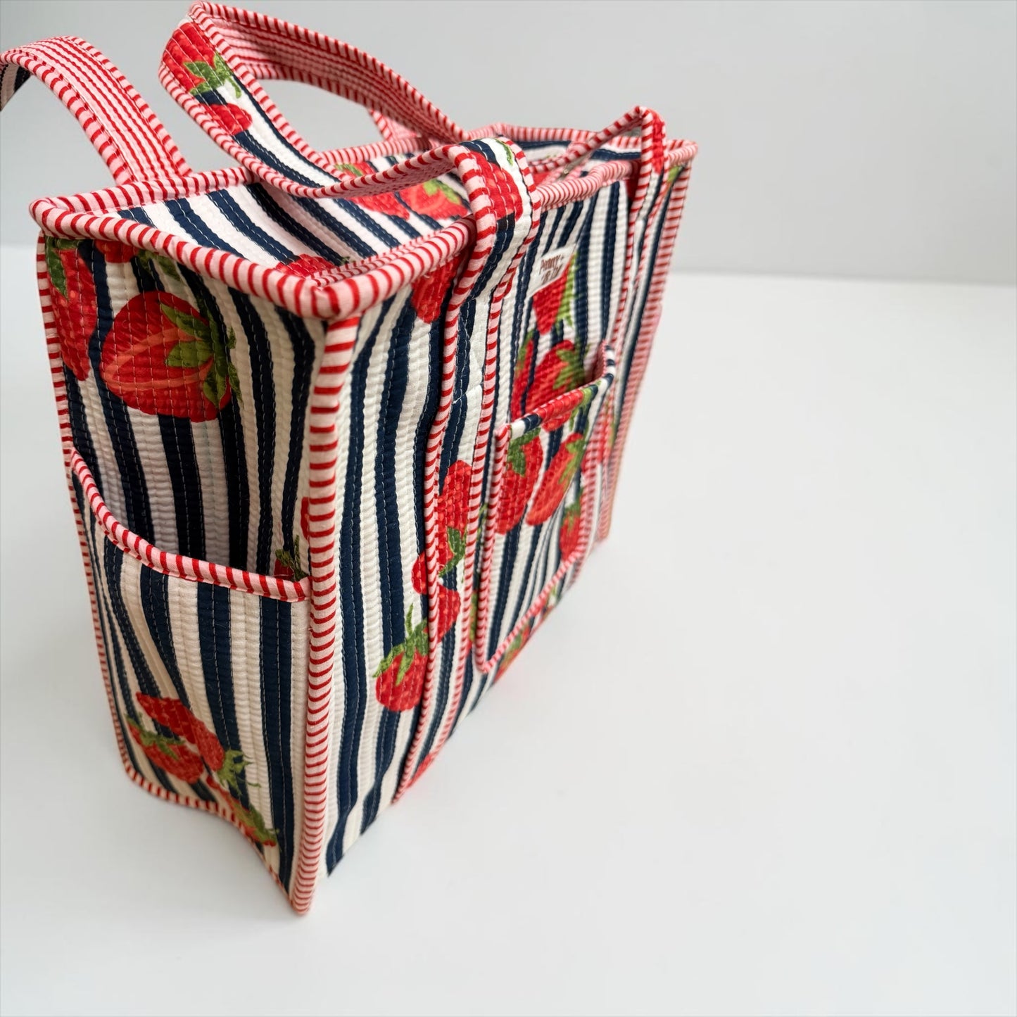 Navy Stripe Strawberry Travel Tote, Handmade Cotton Tote Bag l