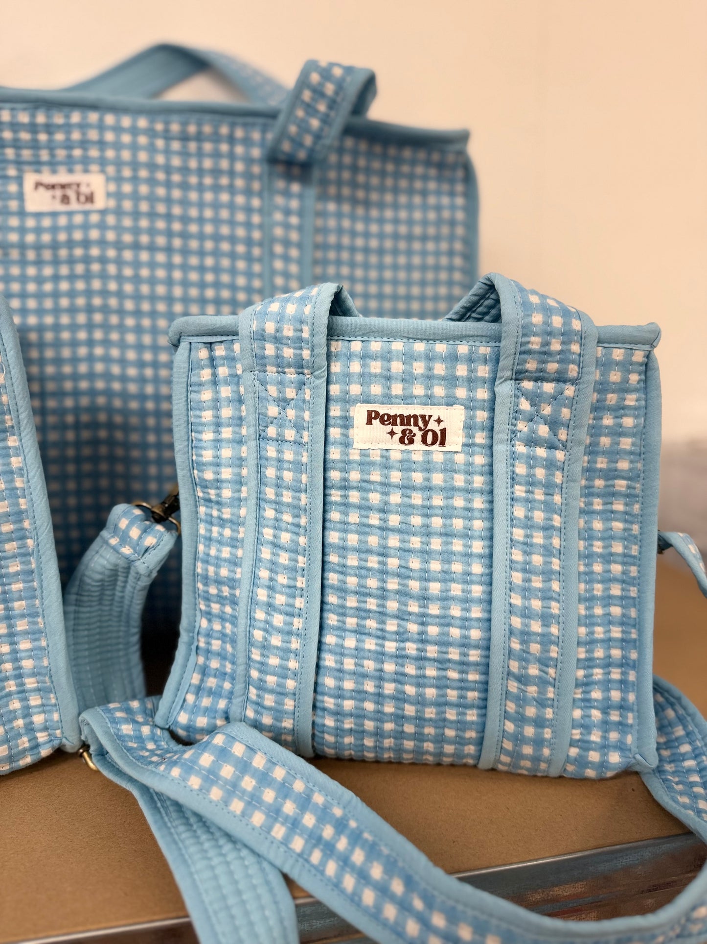 Baby Blue Gingham Collection. Cotton, handmade tote bags