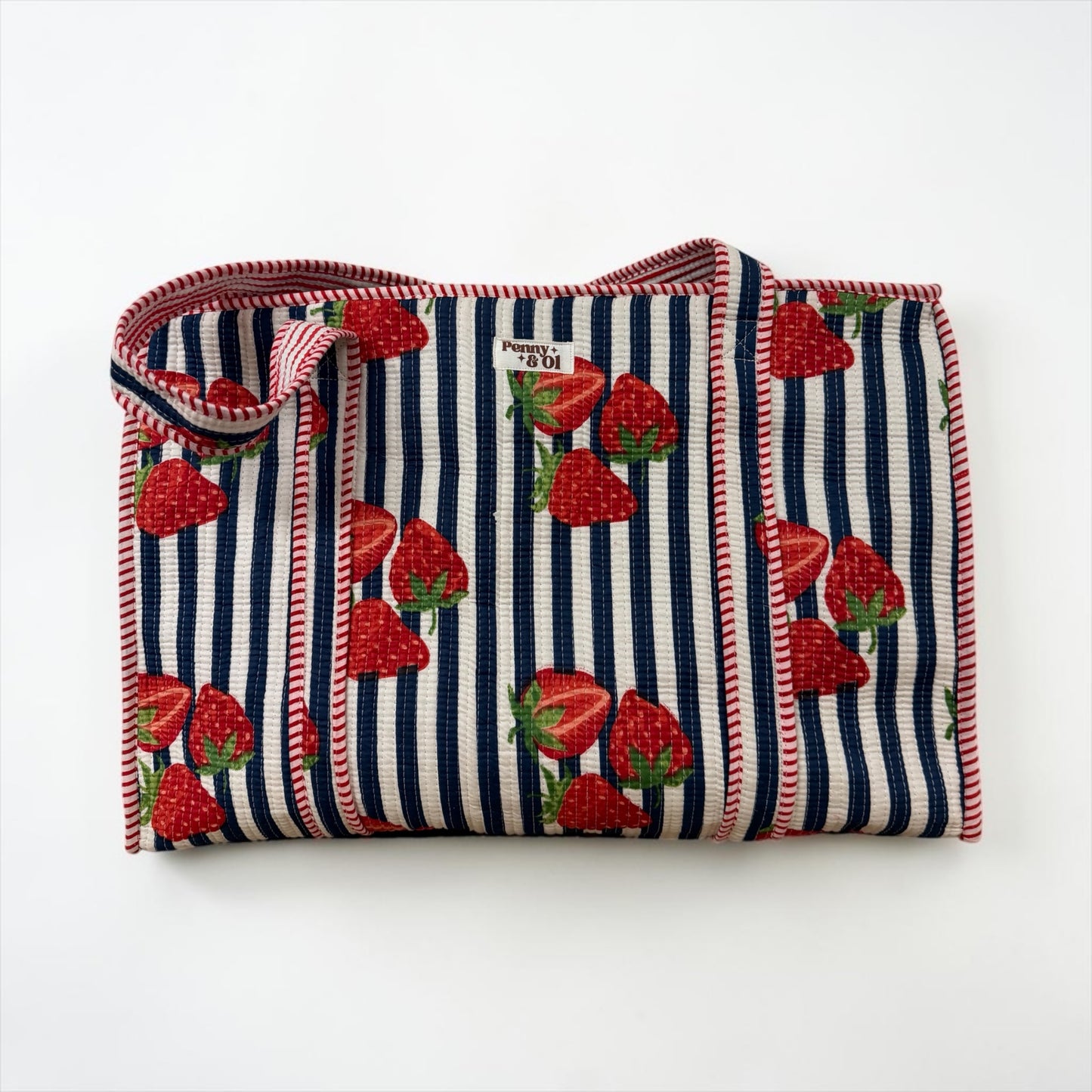 Navy Stripe Strawberry Large Cotton Tote Bag, handmade tote bags