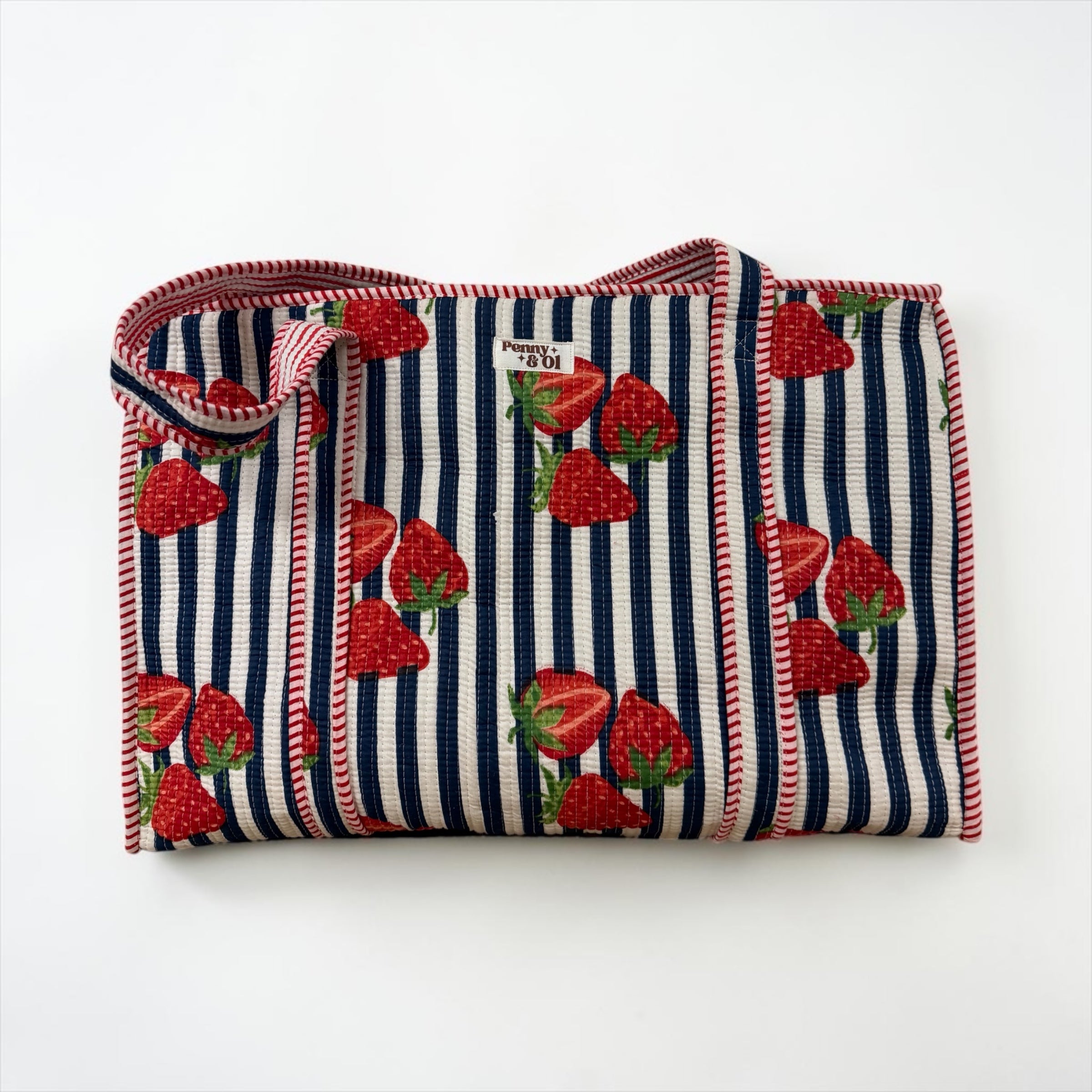 Navy Stripe Strawberry Large Cotton Tote Bag, handmade tote bags