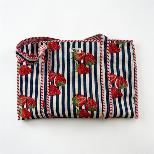 Navy Stripe Strawberry Large Cotton Tote Bag, handmade tote bags
