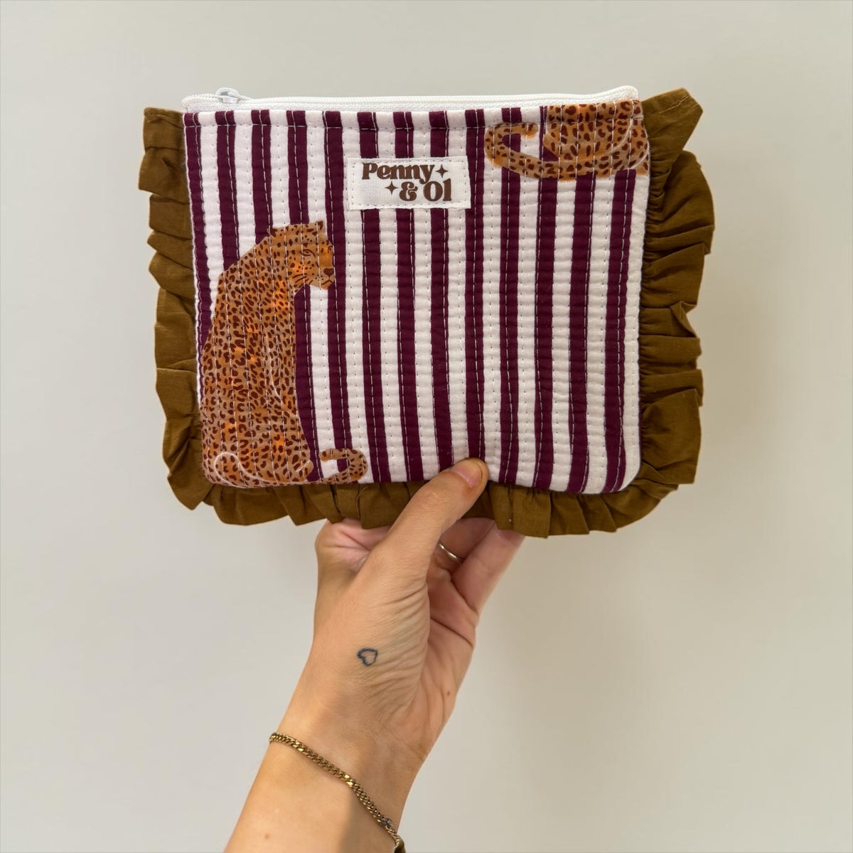 Plum Striped Leopard Ruffle Pouch