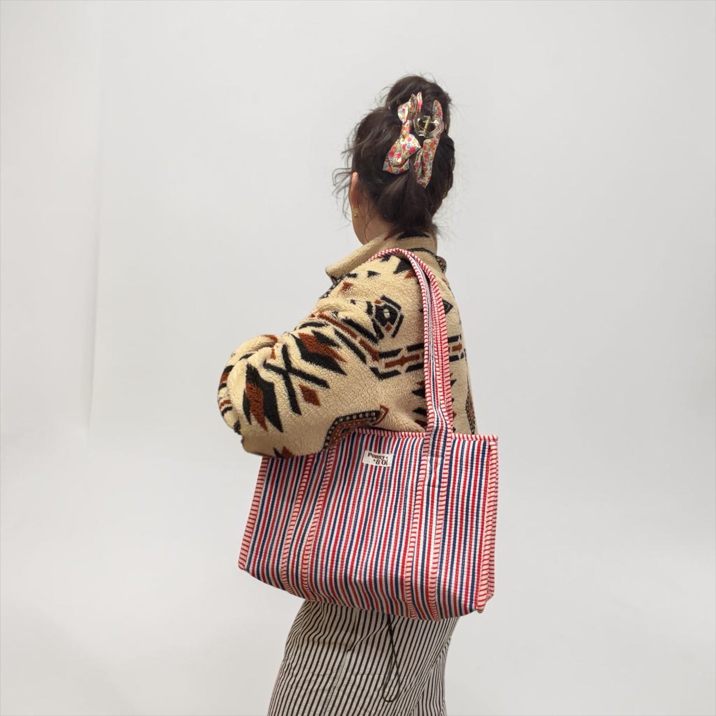 Red Blue Stripes MEDIUM Cotton tote bag