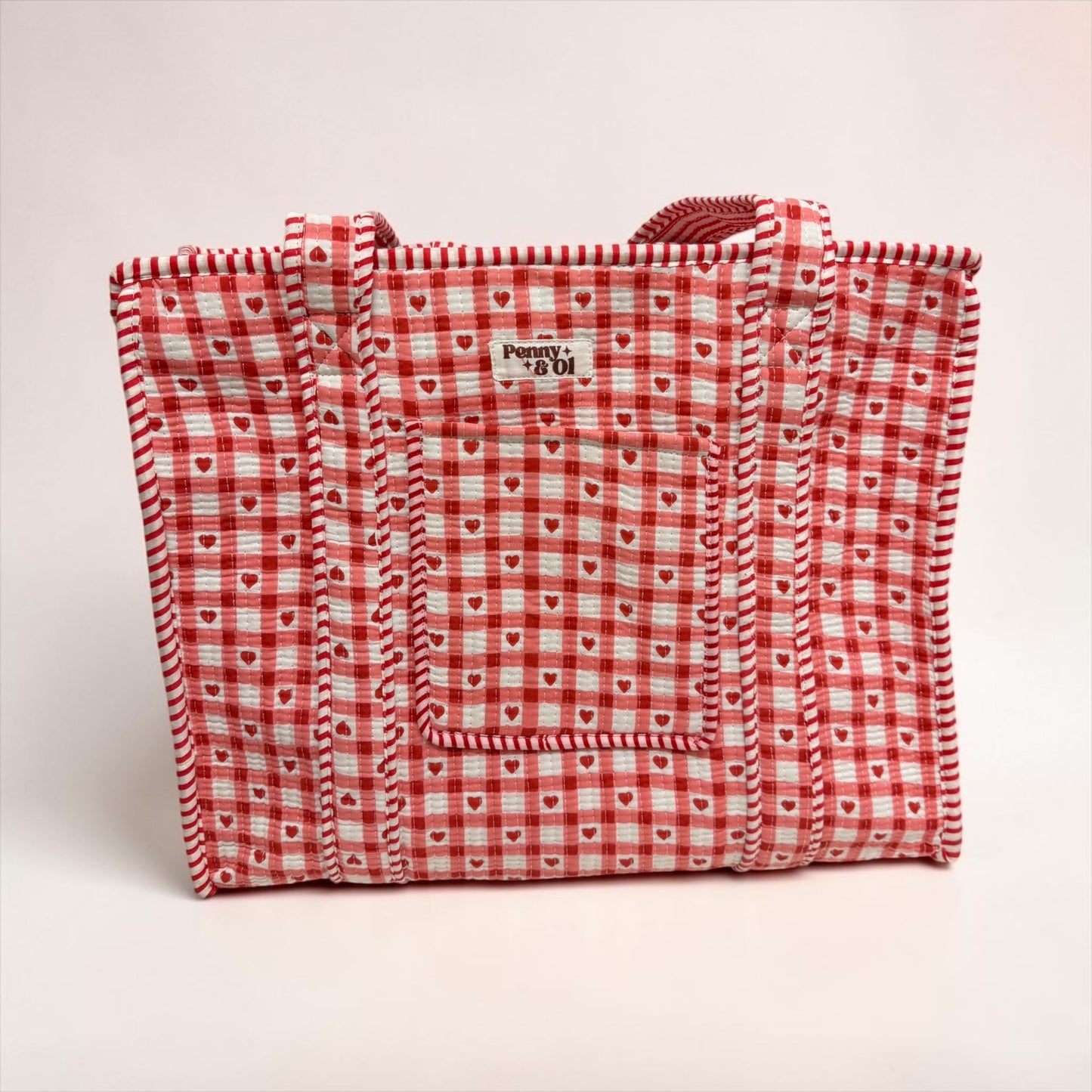 Pink Gingham Hearts Travel Tote, Handmade Cotton Tote Bag