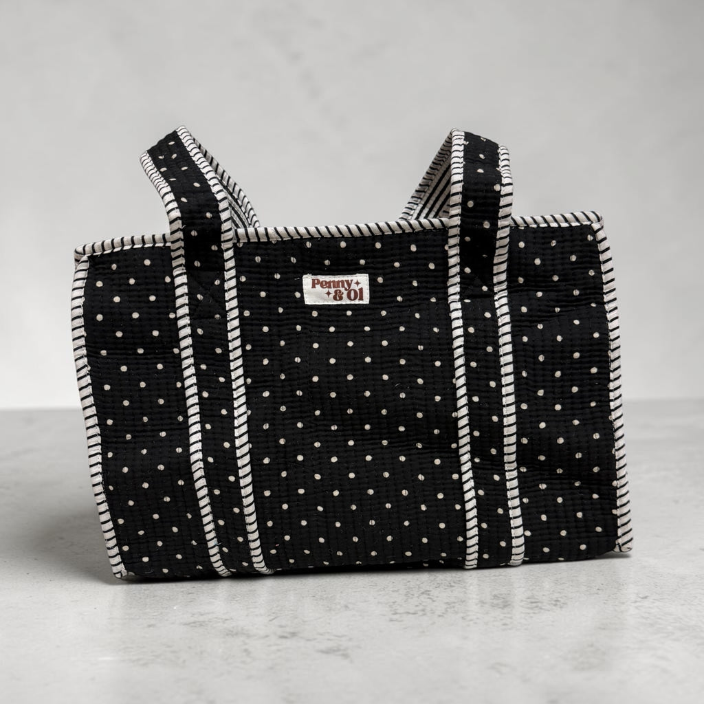 Black polka dot Medium Cotton, handmade tote bag