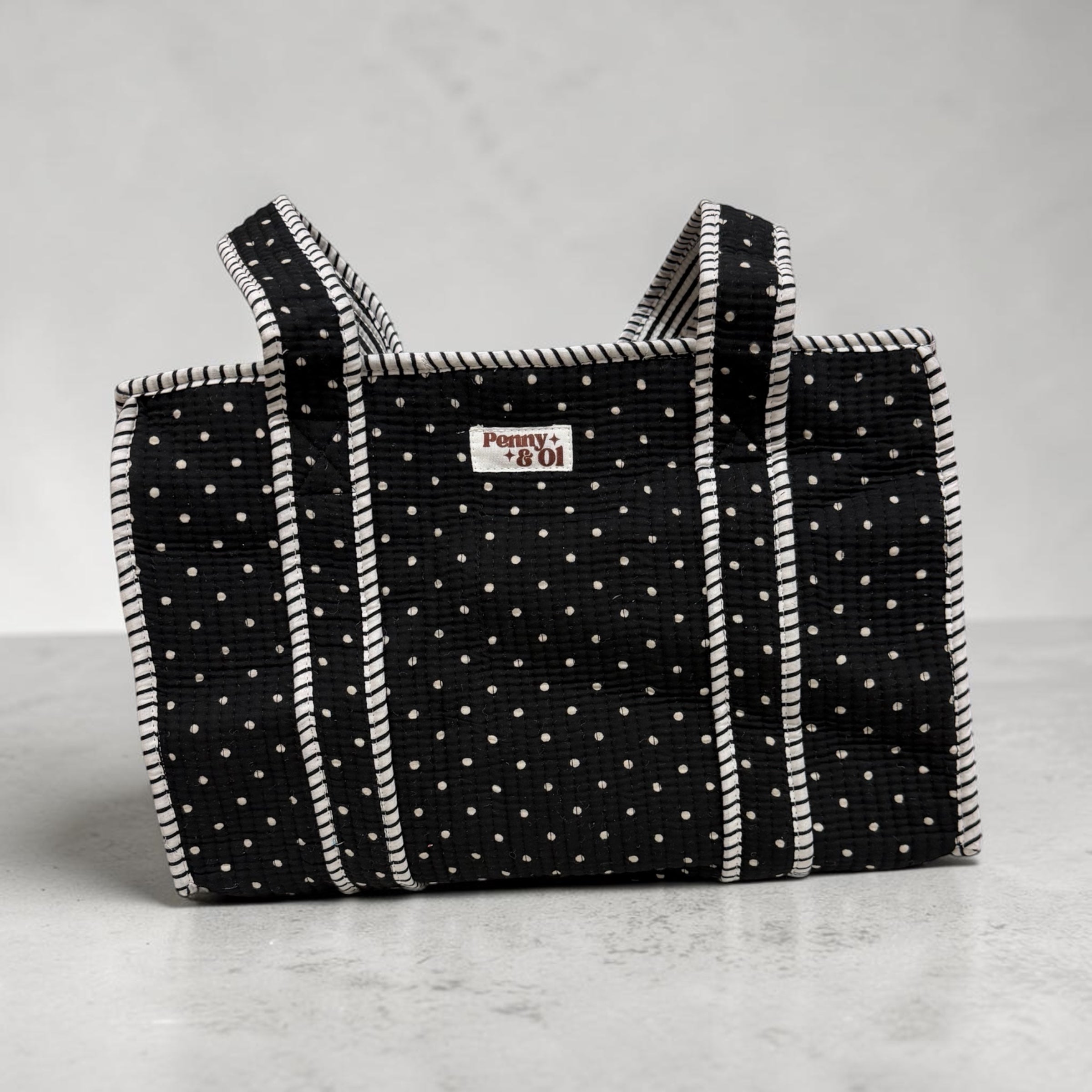 Black polka dot Medium Cotton, handmade tote bag