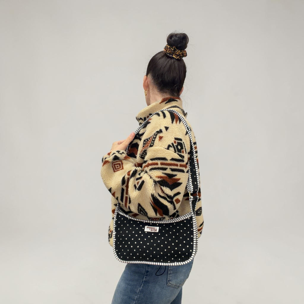 Black polka dot Mini Shoulder Bag, Handmade Cotton Tote Bags