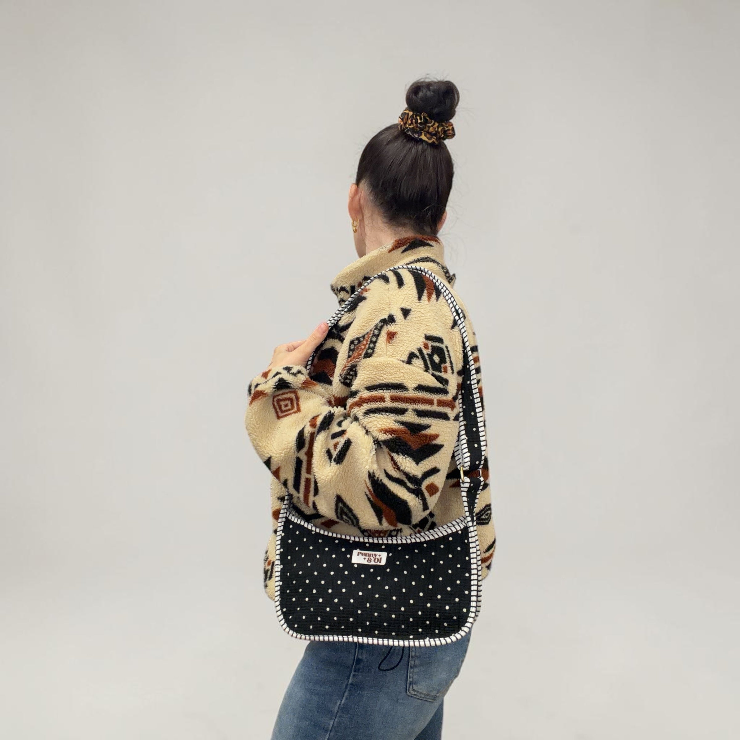 Black polka dot Mini Shoulder Bag, Handmade Cotton Tote Bags