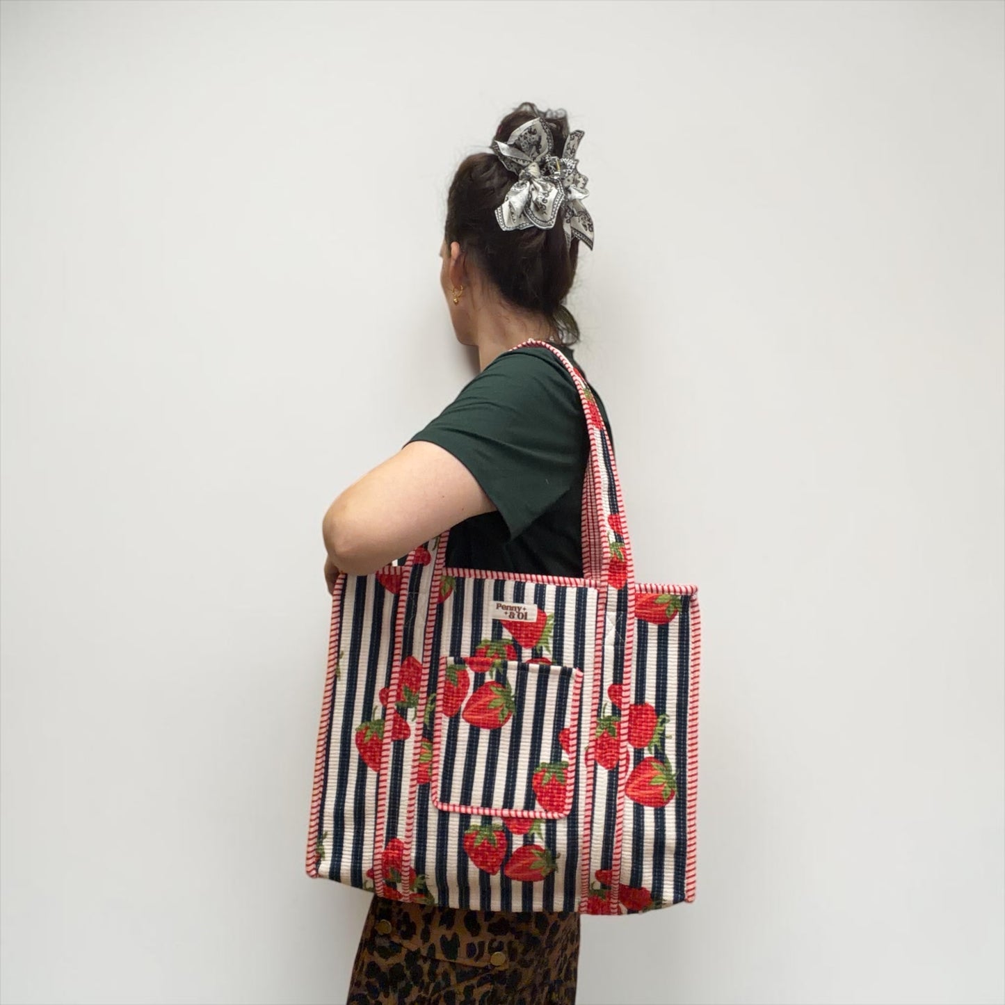 Navy Stripe Strawberry Travel Tote, Handmade Cotton Tote Bag l
